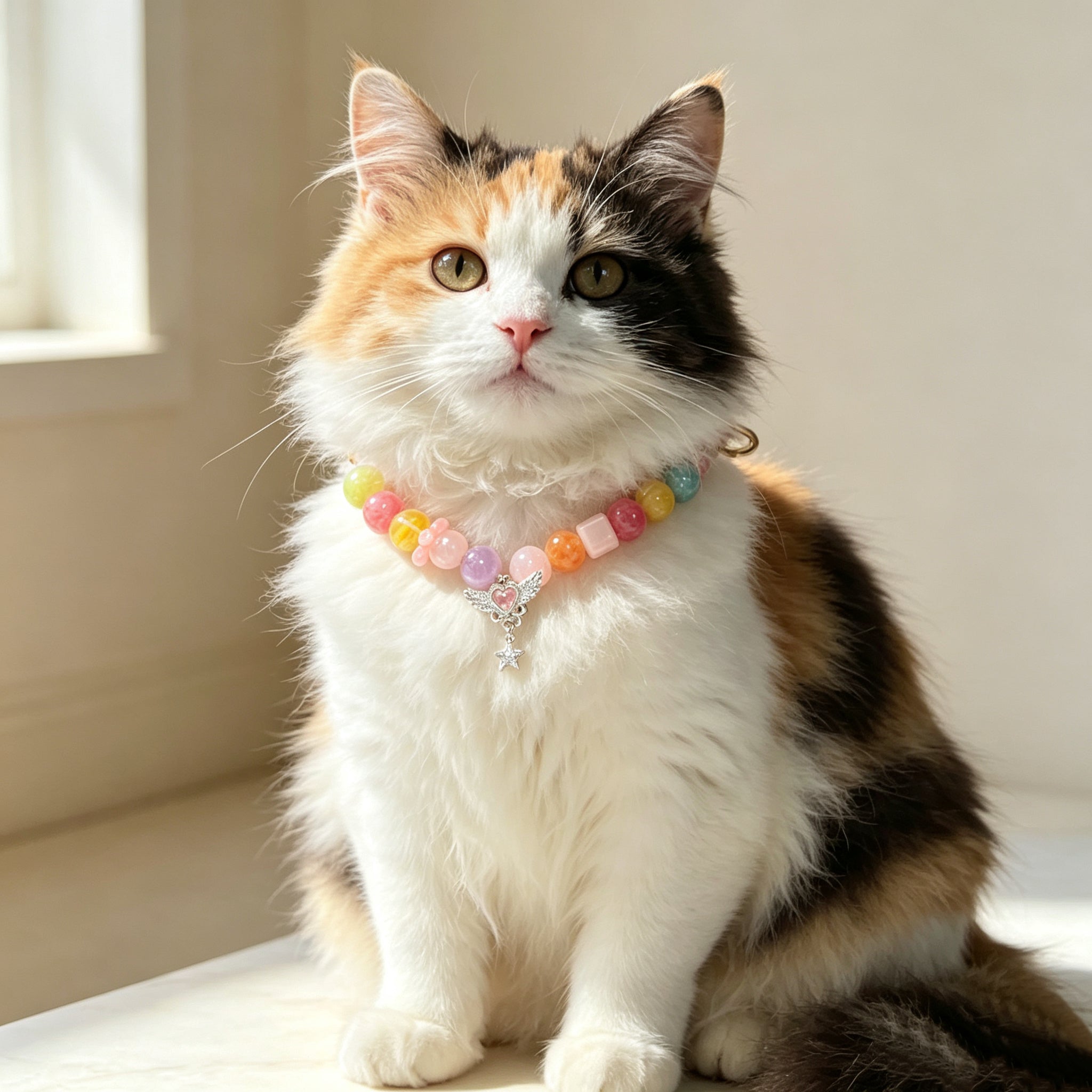 Rainbow Healing Crystal Pet Collar – Multicolor Natural Gemstone Beads with Wing & Star Charms, Adjustable Pink Leather Collar for Cats and Dogs, Helps Soothe Stress and Calm Emotions