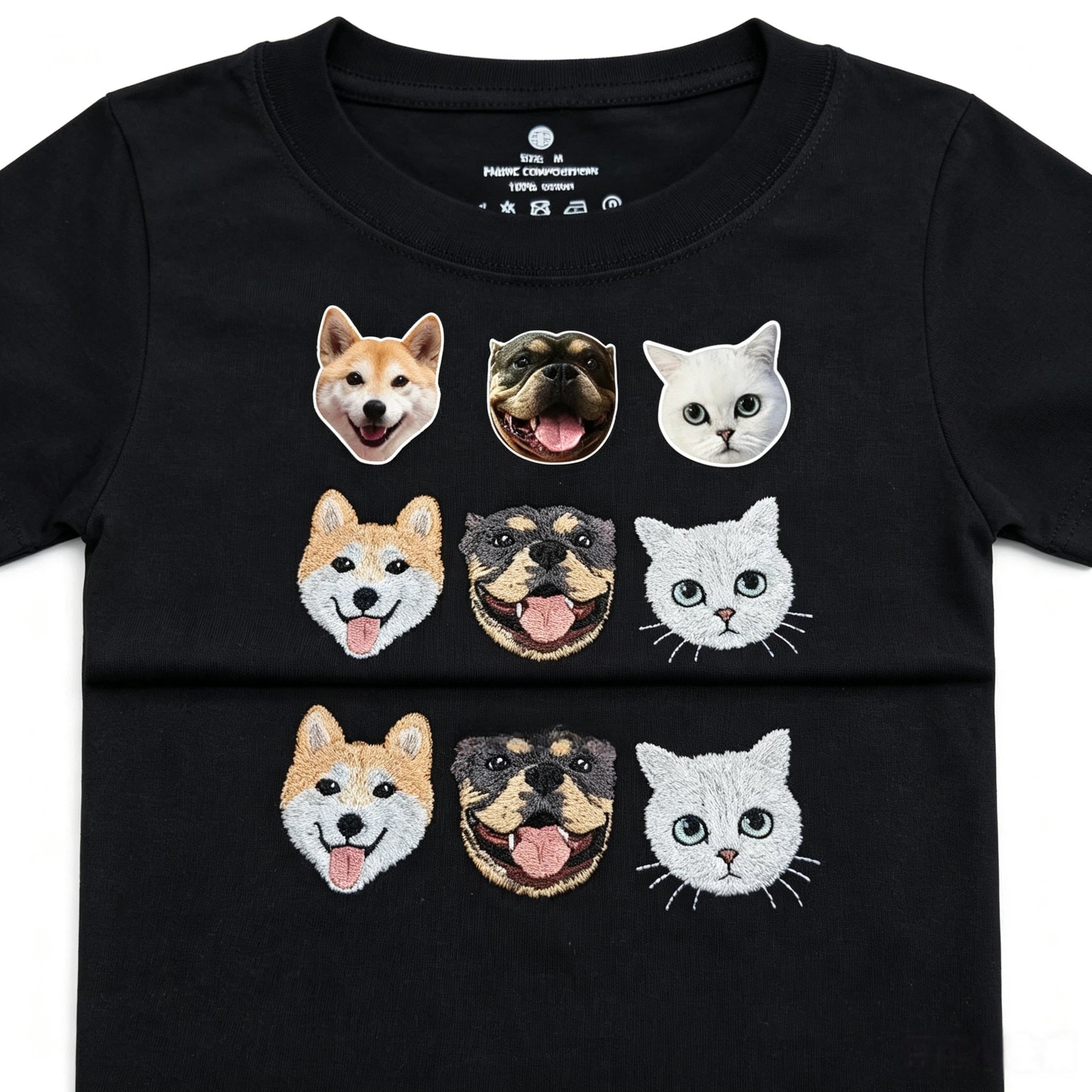 Classic Tee: Custom Pet Photo Embroidery Short Sleeve, Hand-Stitched Cat & Dog Portrait, 100% Cotton, Versatile Gift for Pet Lovers