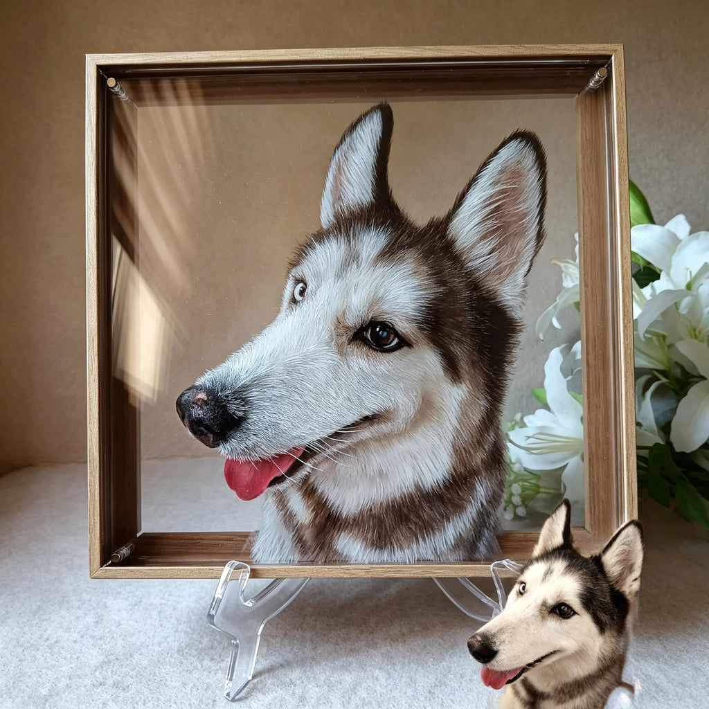 Custom 3D 6-Layer Pet Portrait Glass Frame Set, Realistic Fluffy Fur Dog & Cat Painting, Personalized Pet Memorial Gift, Metal Frame Animal Art Decor