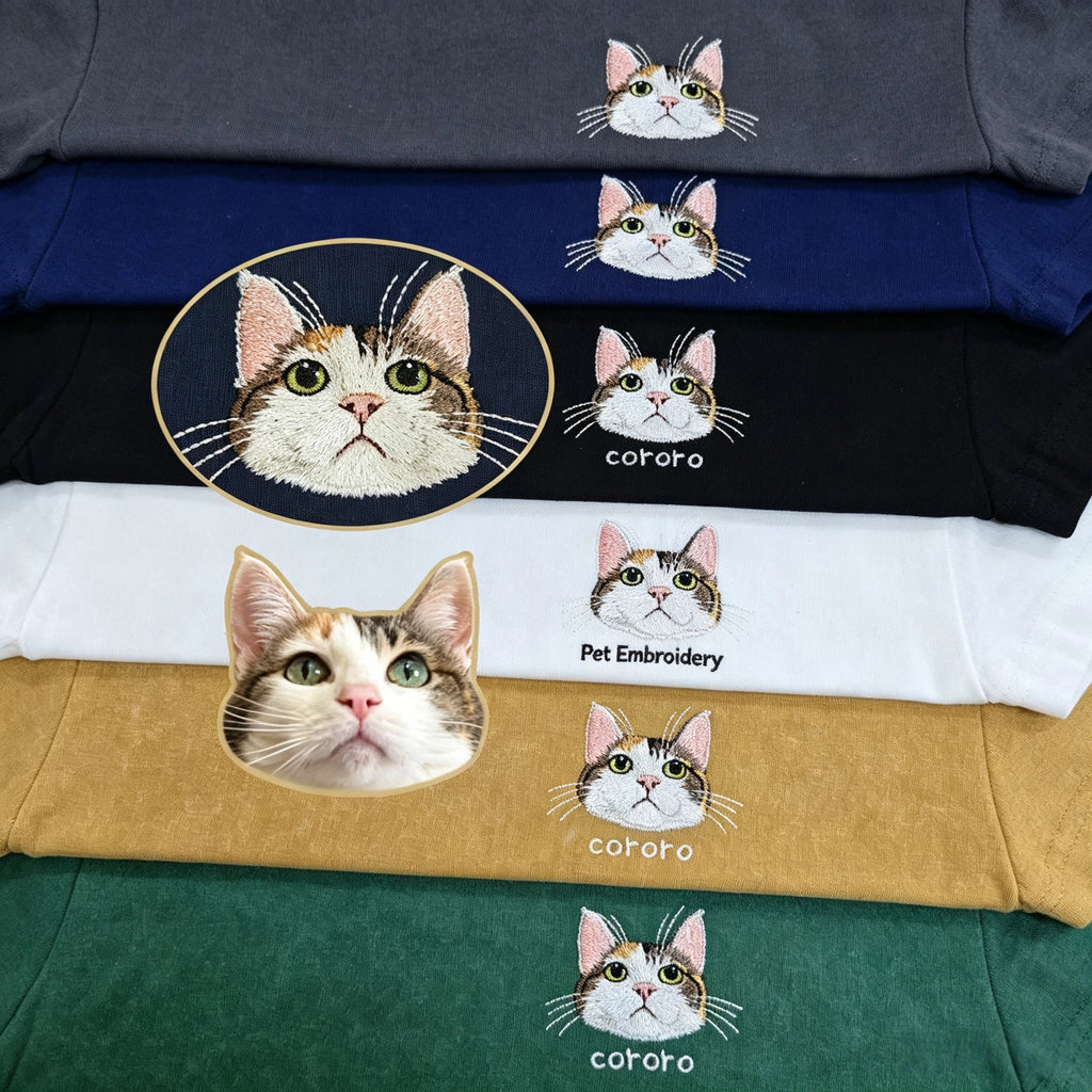 Classic Tee: Custom Pet Photo Embroidery Short Sleeve, Hand-Stitched Cat & Dog Portrait, 100% Cotton, Versatile Gift for Pet Lovers