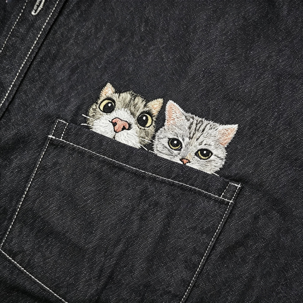 Custom Pet Long-Sleeve Denim Shirt: Featuring a hand-sewn portrait on washed denim, customized from your pet's photo. A perfect way to wear your furry bestie with you everywhere.