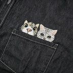 Custom Pet Long-Sleeve Denim Shirt: Featuring a hand-sewn portrait on washed denim, customized from your pet's photo. A perfect way to wear your furry bestie with you everywhere.
