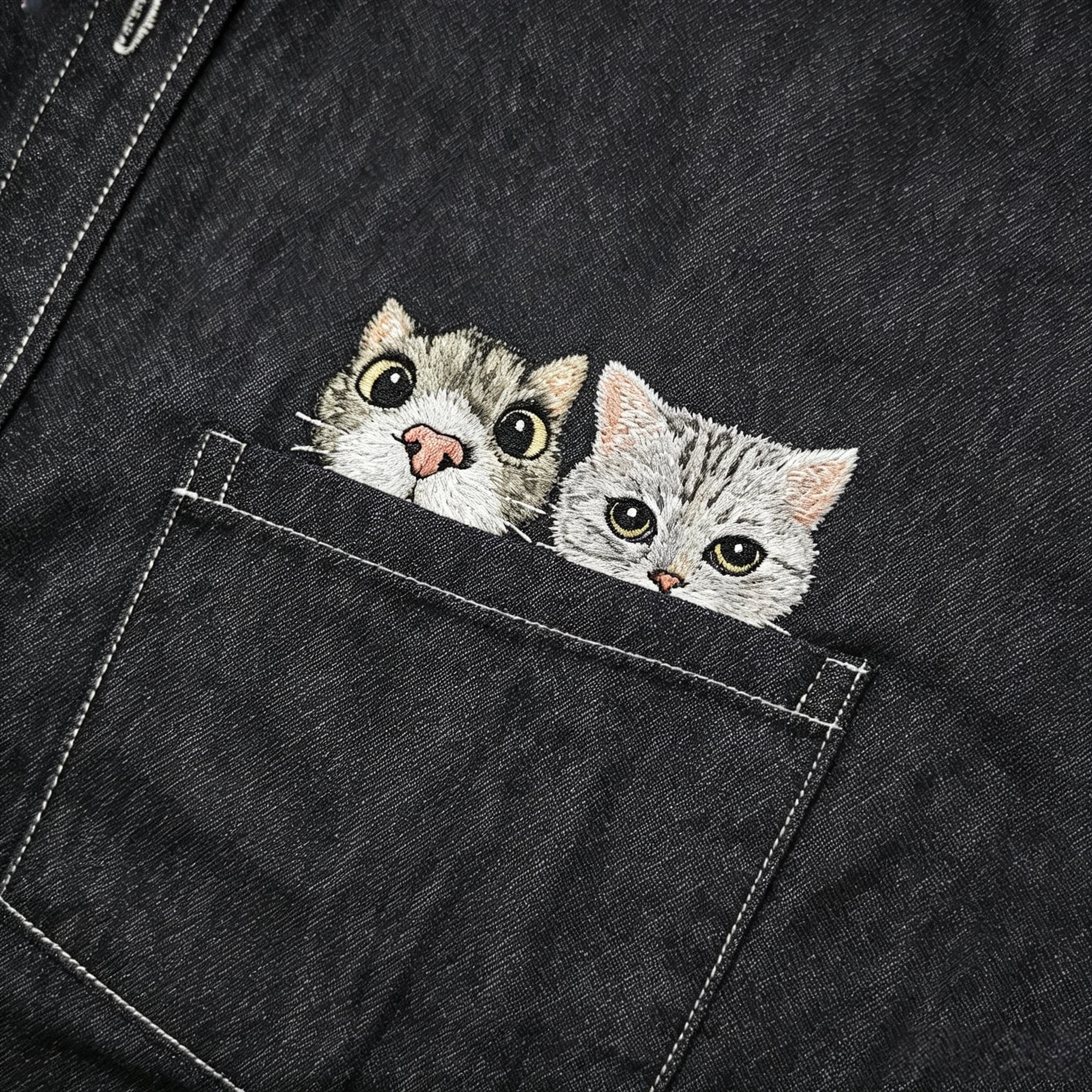 Custom Pet Long-Sleeve Denim Shirt: Featuring a hand-sewn portrait on washed denim, customized from your pet's photo. A perfect way to wear your furry bestie with you everywhere.
