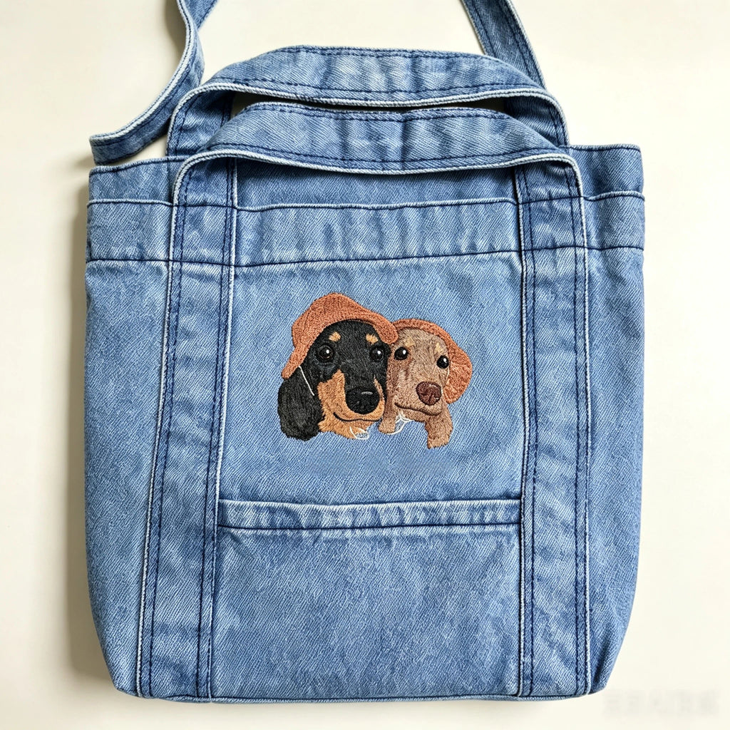 Denim Crossbody Bag: Upload your pet's photo for a custom embroidered bag! A soft, washed denim crossbody perfect for casual shopping.