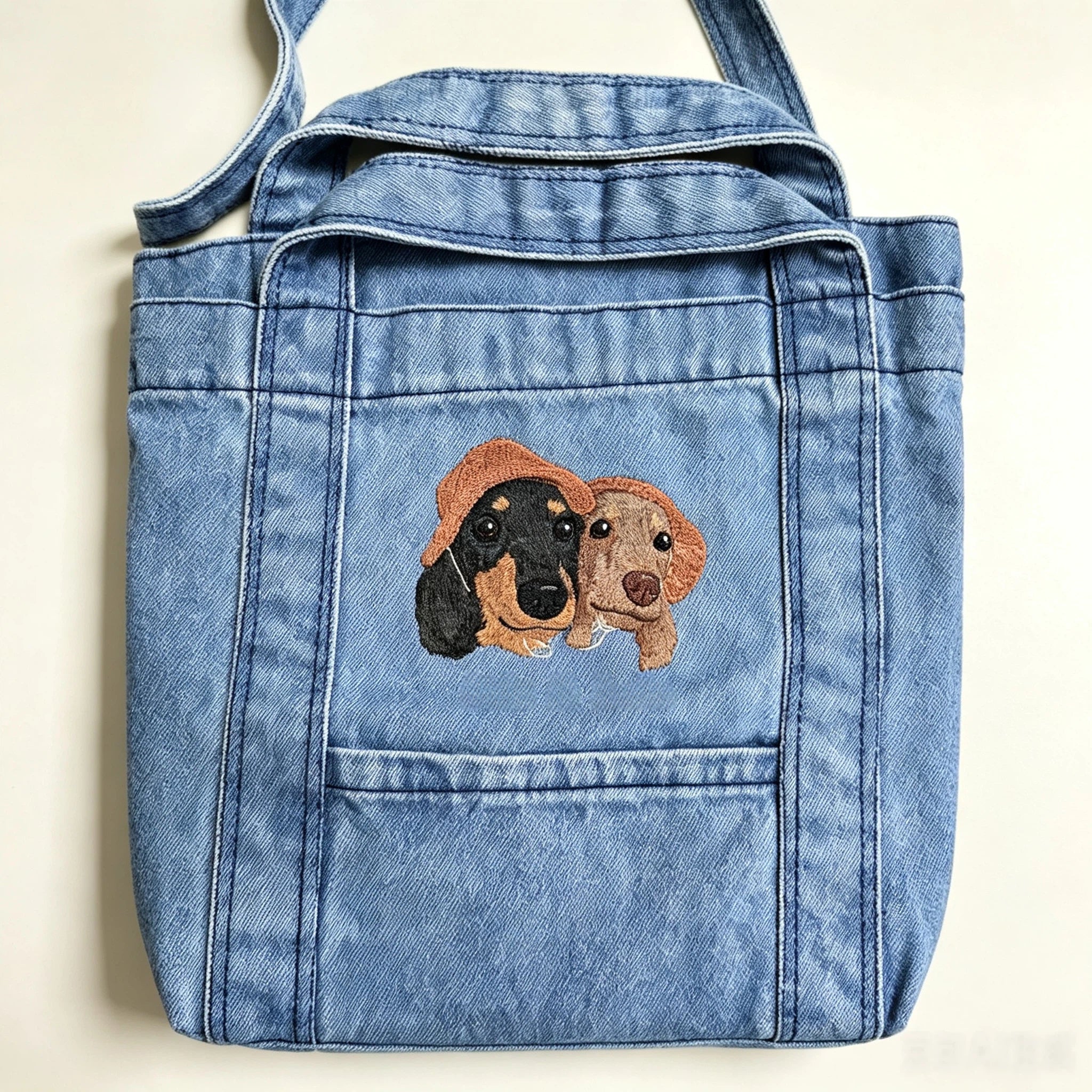 Denim Crossbody Bag: Upload your pet's photo for a custom embroidered bag! A soft, washed denim crossbody perfect for casual shopping.