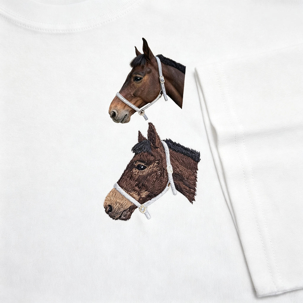 Drop shoulder T-shirt：Heartfelt Pure Cotton Short-Sleeve T-Shirt with Custom Pet Embroidery. Featuring exquisite, hand-stitched pet portraits, this is the perfect birthday or holiday gift for any pet lover.