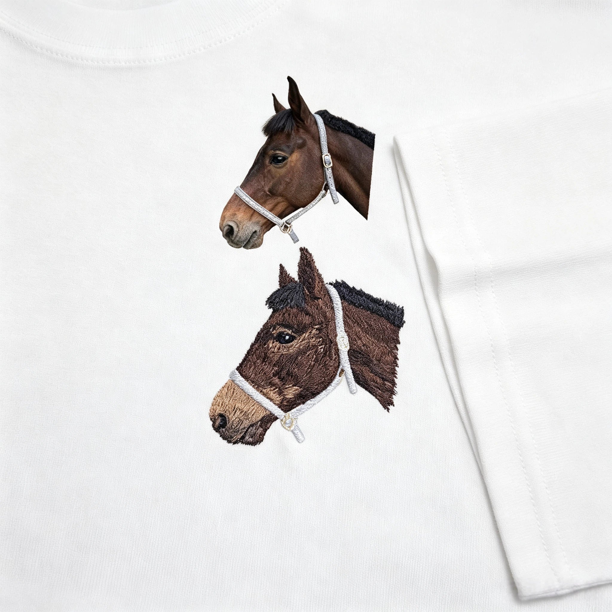 Drop shoulder T-shirt：Heartfelt Pure Cotton Short-Sleeve T-Shirt with Custom Pet Embroidery. Featuring exquisite, hand-stitched pet portraits, this is the perfect birthday or holiday gift for any pet lover.