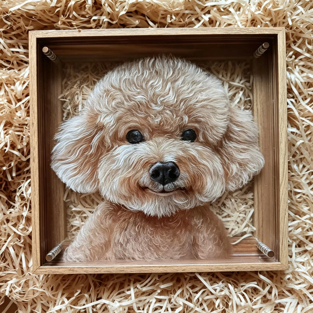 Custom 3D 6-Layer Pet Portrait Glass Frame Set, Realistic Fluffy Fur Dog & Cat Painting, Personalized Pet Memorial Gift, Metal Frame Animal Art Decor