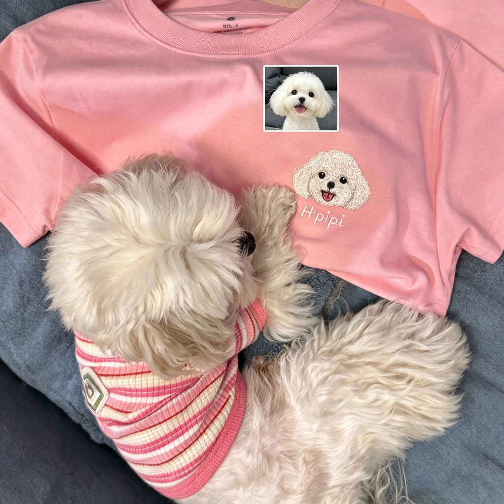 Women's Fitted T-Shirt: Cute Little Dog Chest Embroidery. Custom Pet Photo Pure Cotton Tee – The Perfect Holiday Gift!