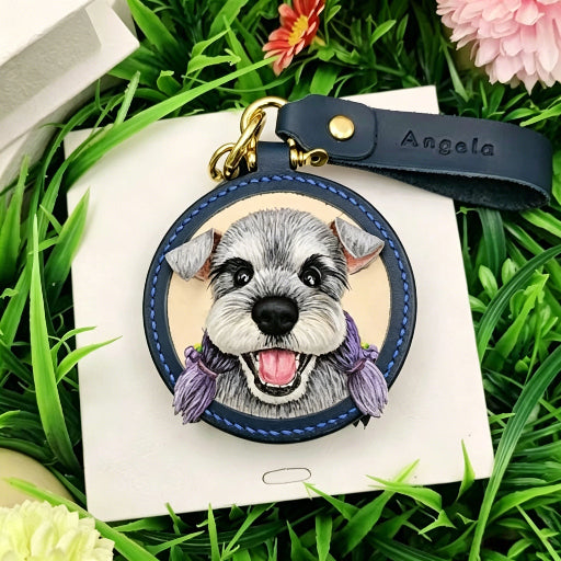 Luxury Hand-Carved Leather Pet Keychain – Unique Pet Portrait Memorial with Name Engraving on Back, Ideal Gift for Pet Parents