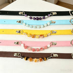 Macaron Color Healing Natural Crystal Pet Collar, Chakra Quartz Beaded Adjustable Leather Collar for Small Dogs Cats