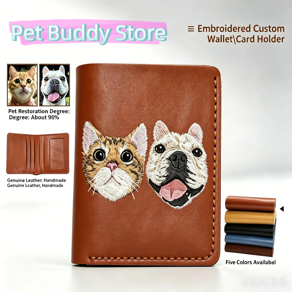 Personalized Pet Photo Embroidery Genuine Leather Wallet | Handmade Memory Gift for Pet Owners