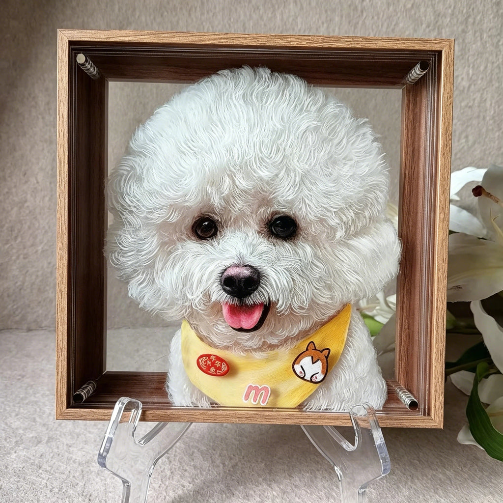 Custom 3D 6-Layer Pet Portrait Glass Frame Set, Realistic Fluffy Fur Dog & Cat Painting, Personalized Pet Memorial Gift, Metal Frame Animal Art Decor