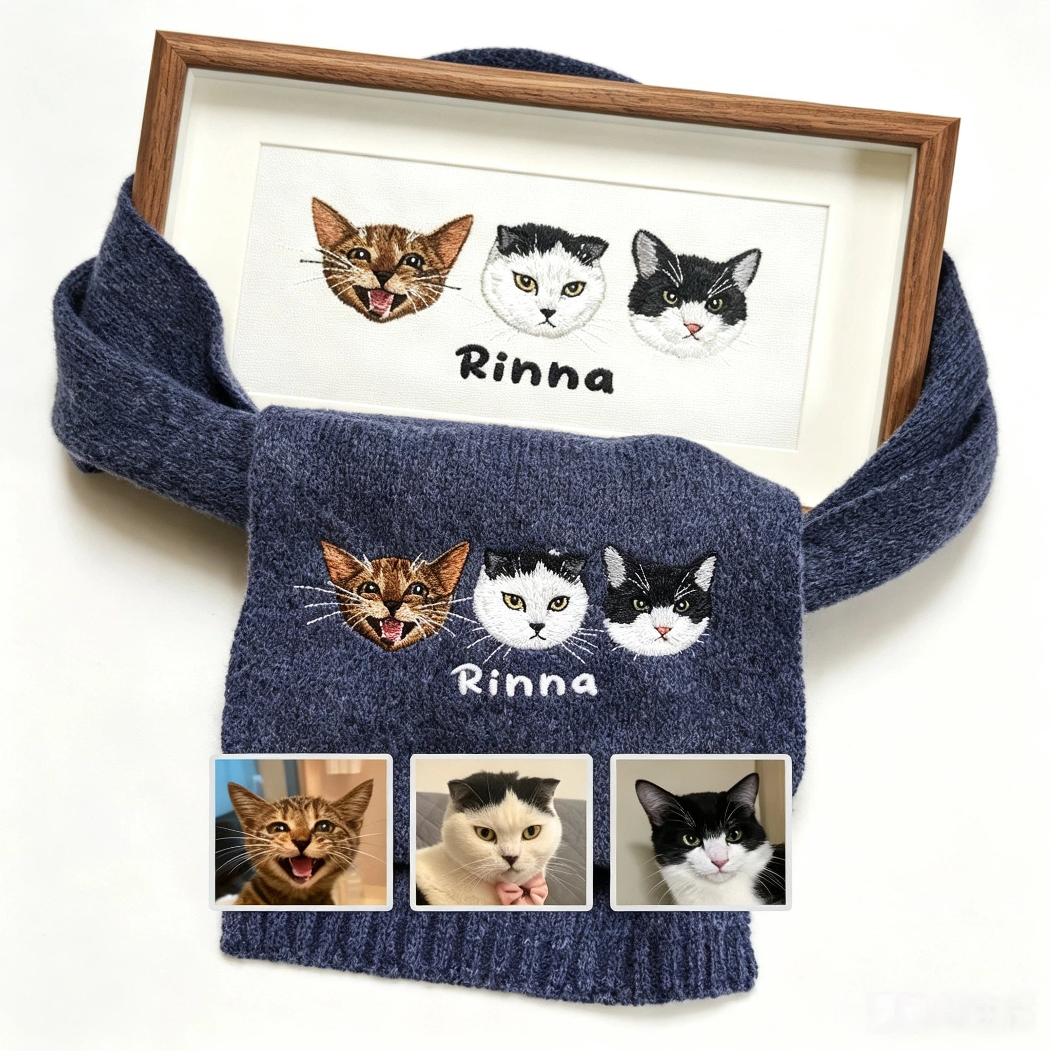 Custom Pet Portrait Embroidery Knitted Wool Scarf, Personalized Cat Dog Photo Custom Winter Scarf, Sentimental Pet Lover Memorial Gift