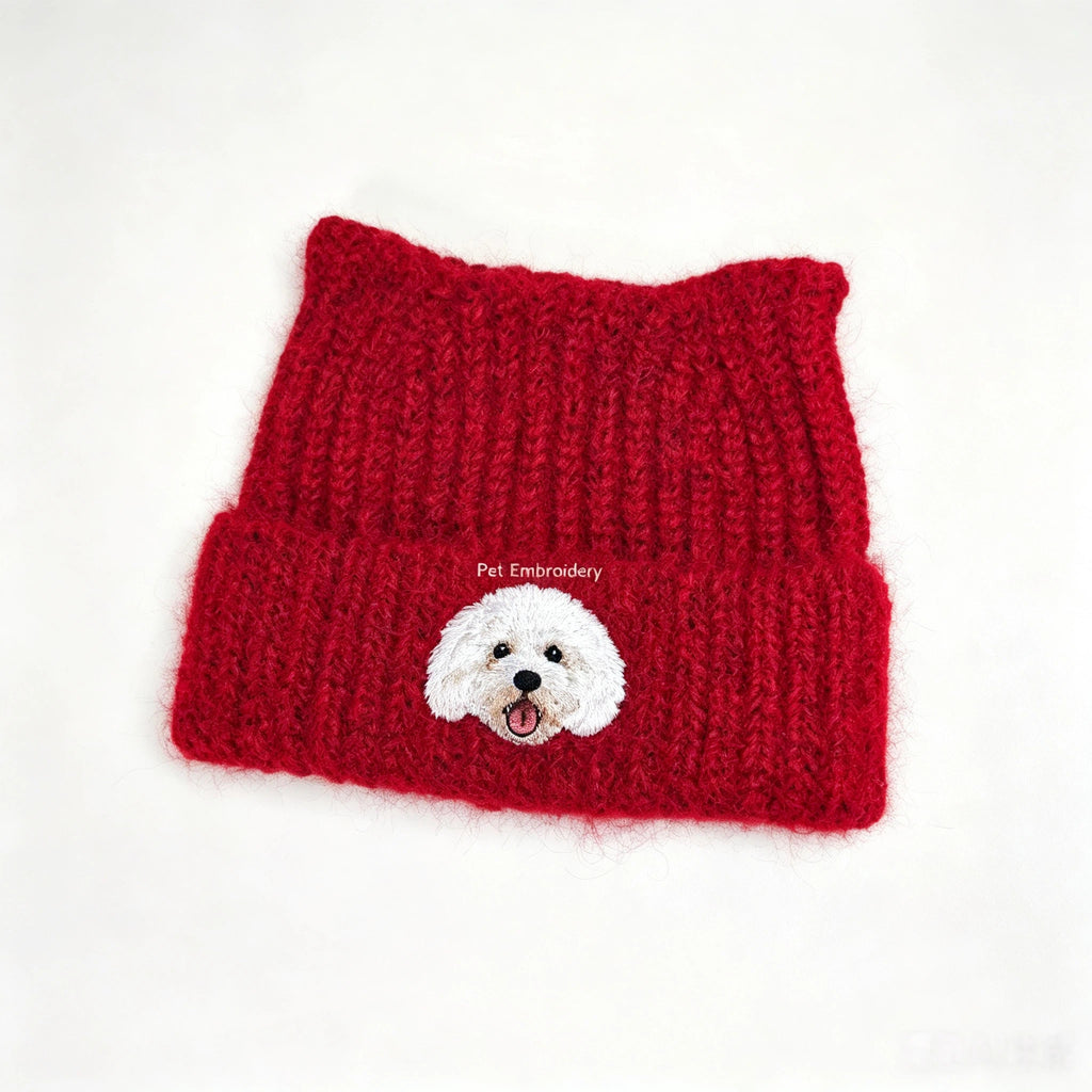Cat Ear Knit Beanie: Create Your Custom Embroidered Hat, Fine Stitching Captures Your Furry Friend's Unique Eyes, Fur Texture & Facial Features.