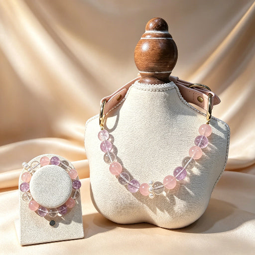 Pink Rose Quartz Amethyst Crystal Pet Collar & Owner Matching Bracelet Calming Healing Crystal Jewelry Set