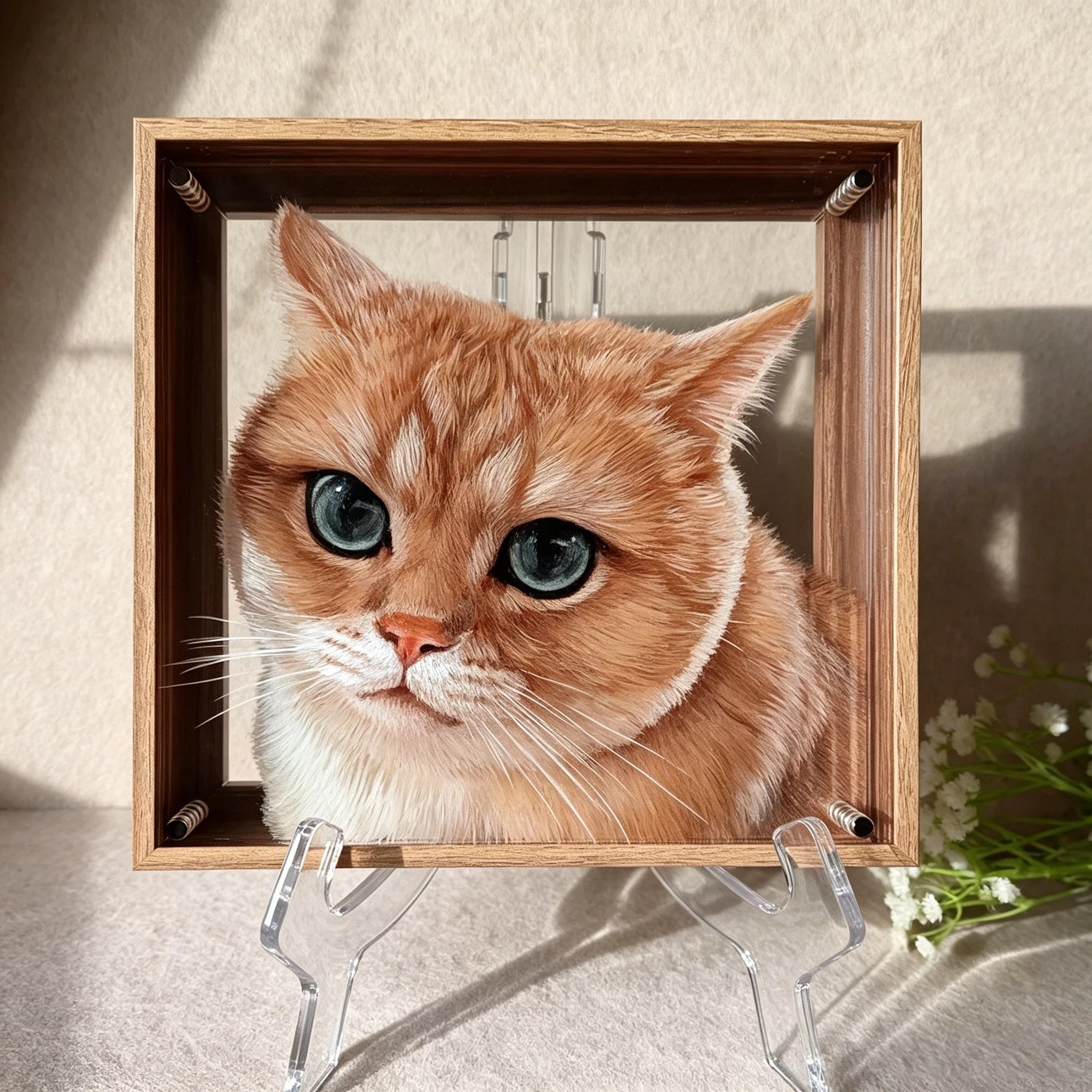 Custom 3D 6-Layer Pet Portrait Glass Frame Set, Realistic Fluffy Fur Dog & Cat Painting, Personalized Pet Memorial Gift, Metal Frame Animal Art Decor