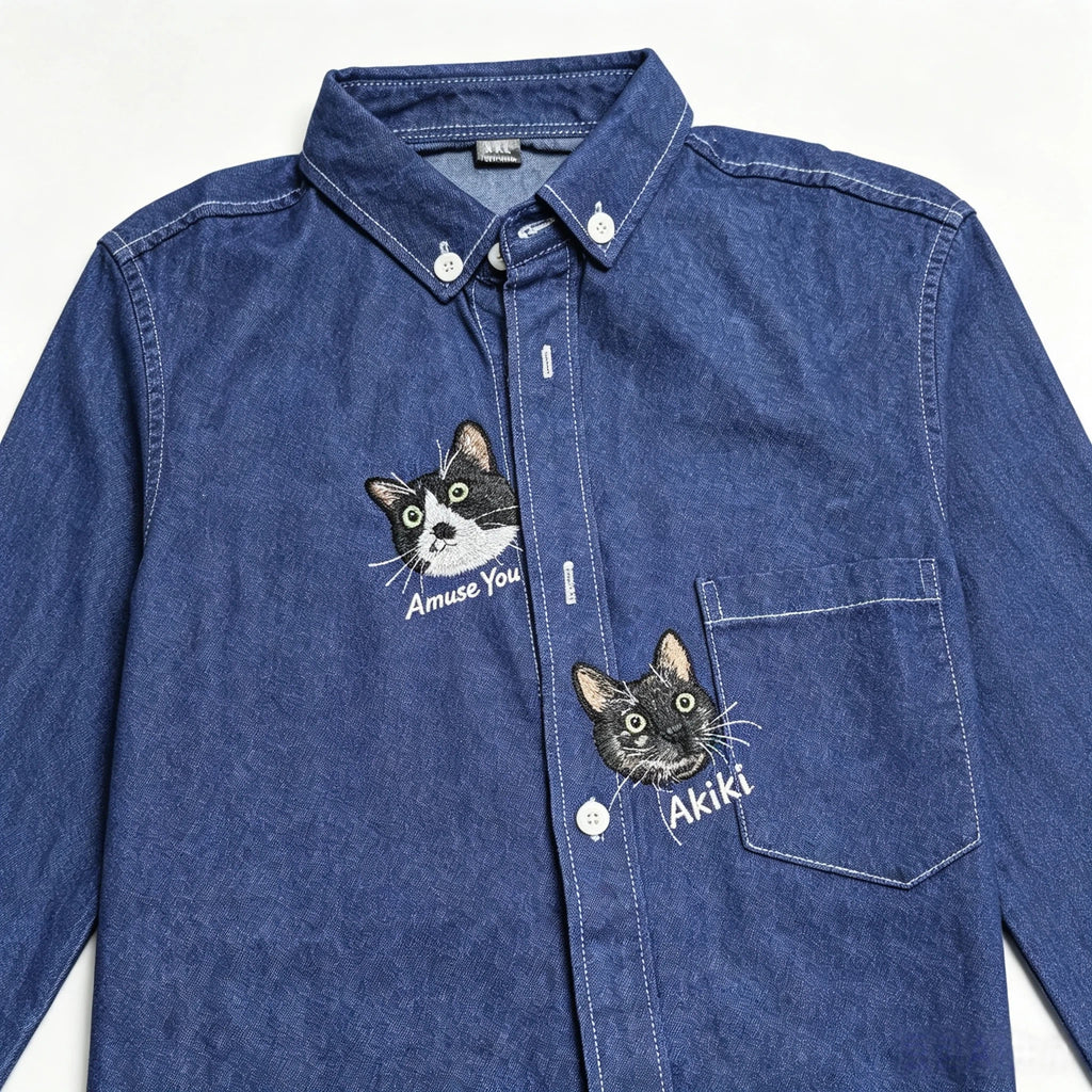 Custom Pet Long-Sleeve Denim Shirt: Featuring a hand-sewn portrait on washed denim, customized from your pet's photo. A perfect way to wear your furry bestie with you everywhere.