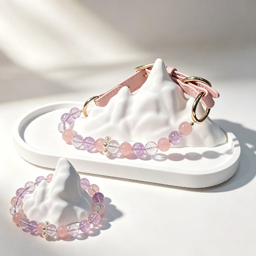 Pink Rose Quartz Amethyst Crystal Pet Collar & Owner Matching Bracelet Calming Healing Crystal Jewelry Set