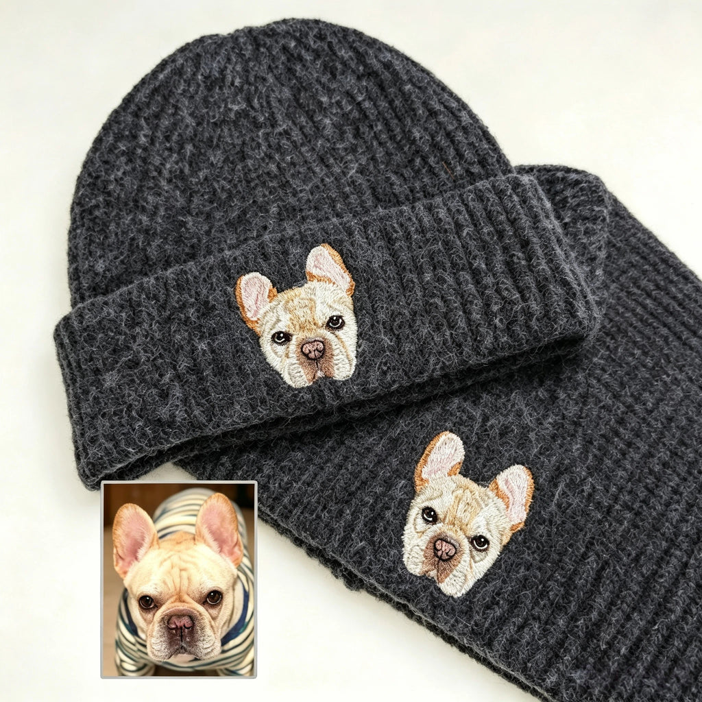 Classic Knit Beanie: Hand-Sewn Cat & Dog Portrait, Soft Stretchy Winter Pull-On Hat, Pet Memorial Accessory, Wear Your Furry Friend All Winter Long!