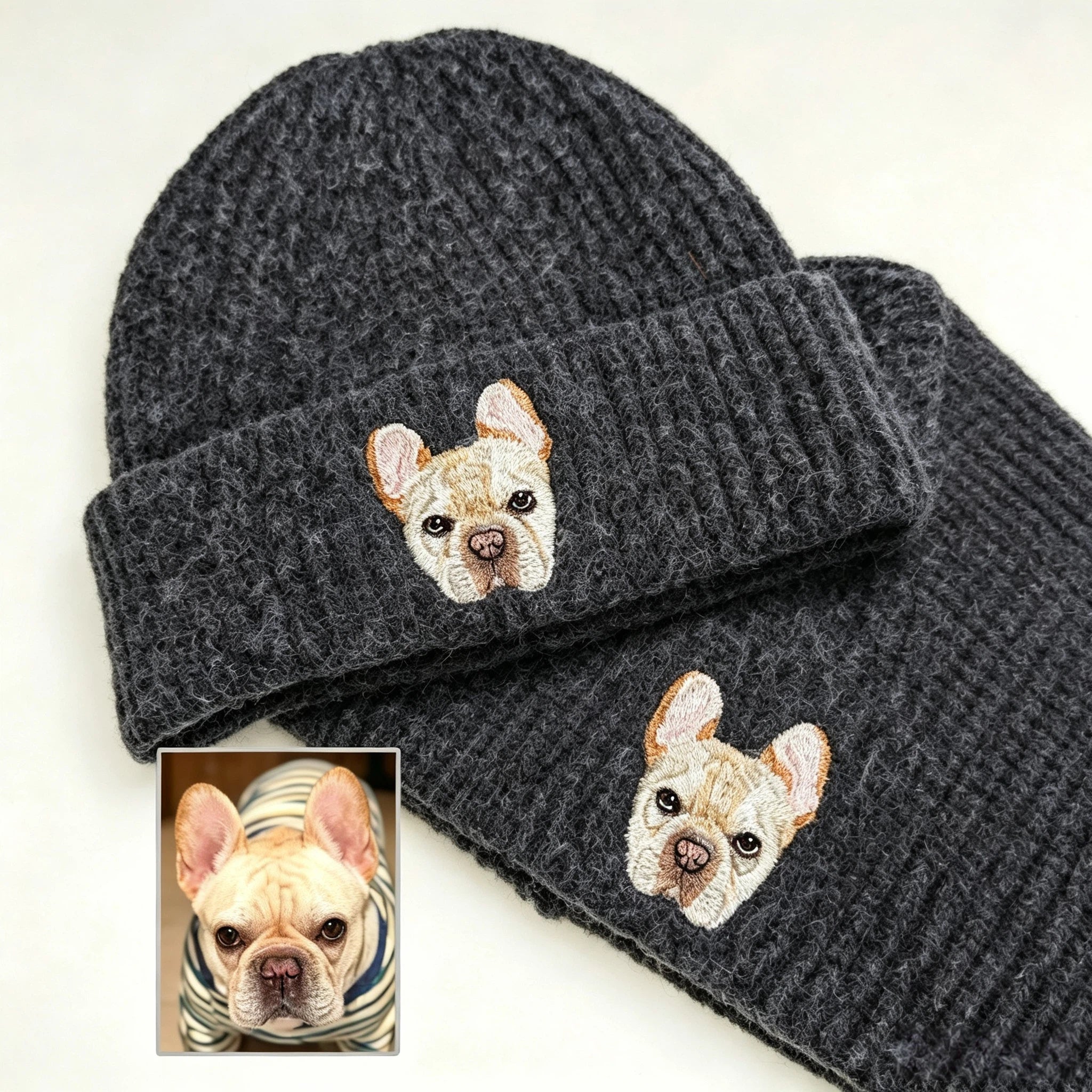 Classic Knit Beanie: Hand-Sewn Cat & Dog Portrait, Soft Stretchy Winter Pull-On Hat, Pet Memorial Accessory, Wear Your Furry Friend All Winter Long!