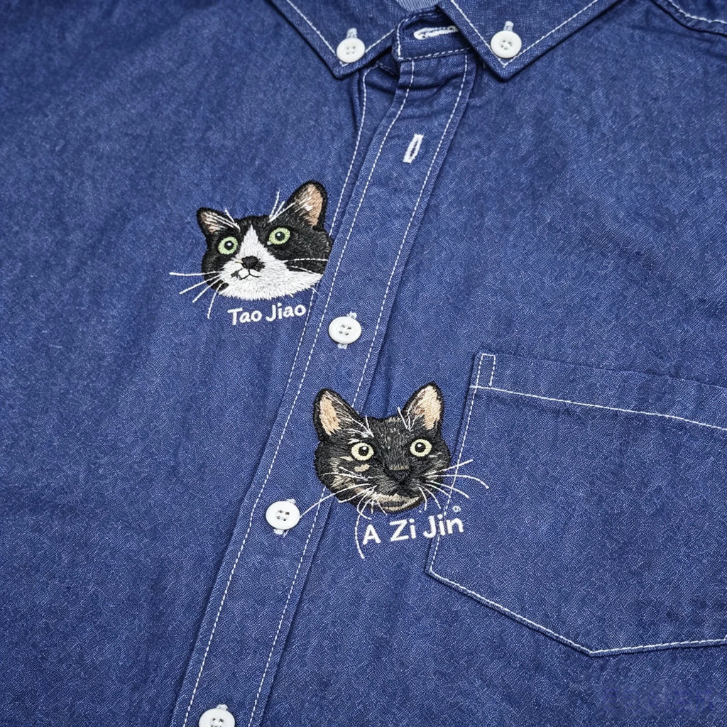 Custom Pet Casual Short-Sleeve Shirt: Hand-Embroidered Denim Shirt from Pet Photo, Pet Memorial Casual Denim Top
