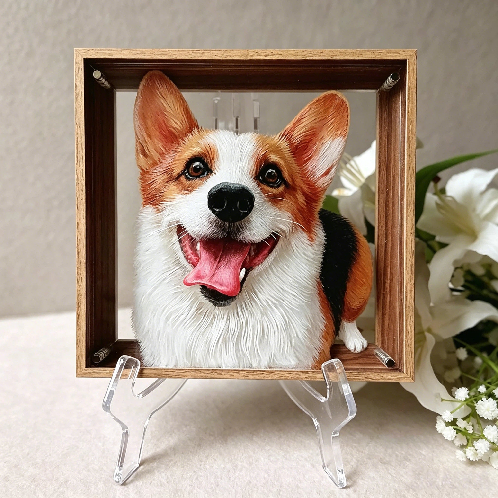 Custom 3D 6-Layer Pet Portrait Glass Frame Set, Realistic Fluffy Fur Dog & Cat Painting, Personalized Pet Memorial Gift, Metal Frame Animal Art Decor
