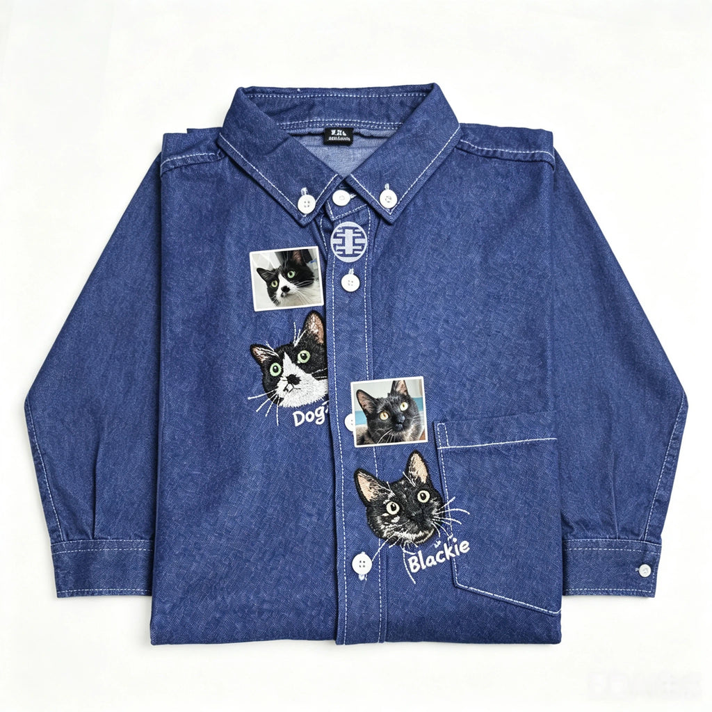 Custom Pet Long-Sleeve Denim Shirt: Featuring a hand-sewn portrait on washed denim, customized from your pet's photo. A perfect way to wear your furry bestie with you everywhere.