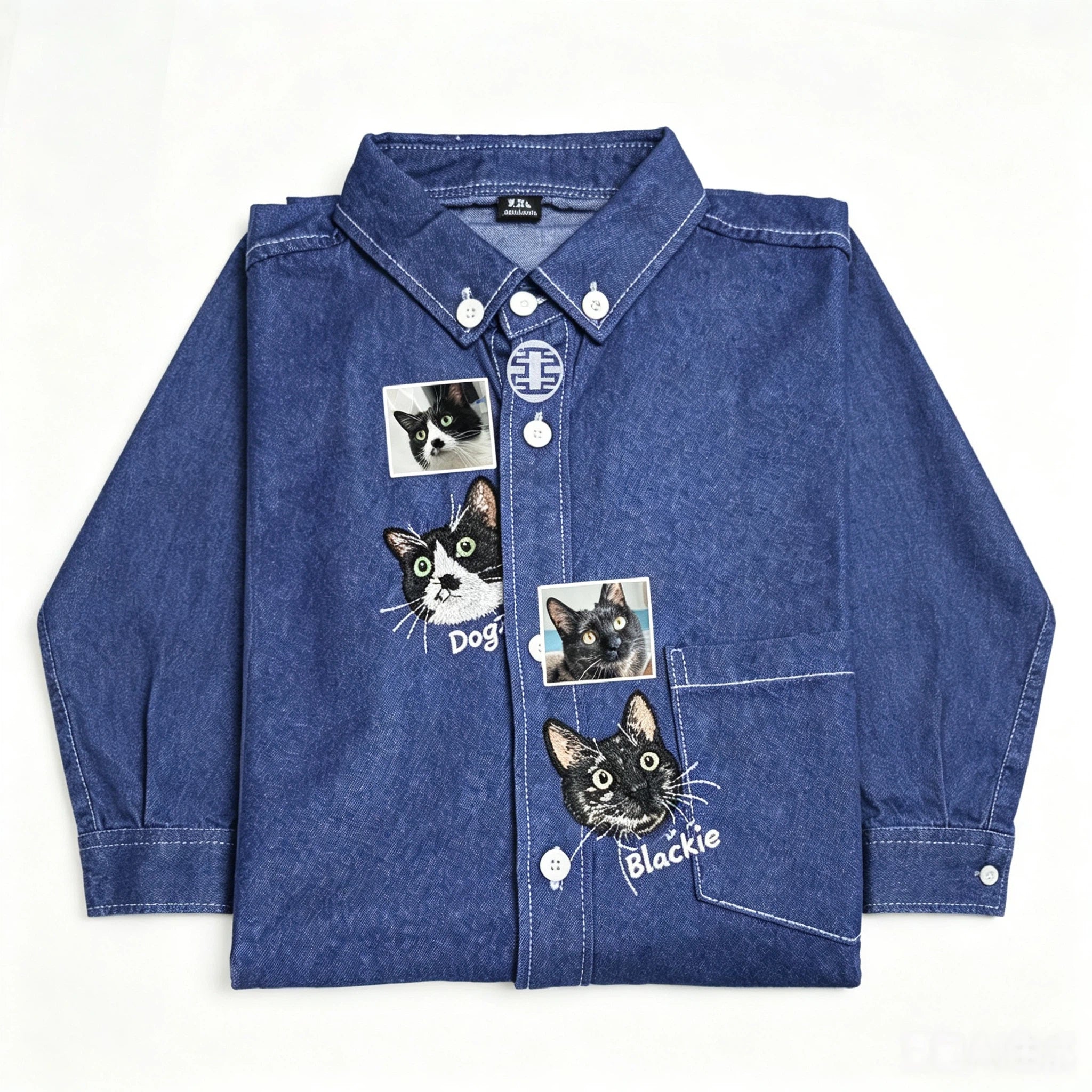 Custom Pet Long-Sleeve Denim Shirt: Featuring a hand-sewn portrait on washed denim, customized from your pet's photo. A perfect way to wear your furry bestie with you everywhere.