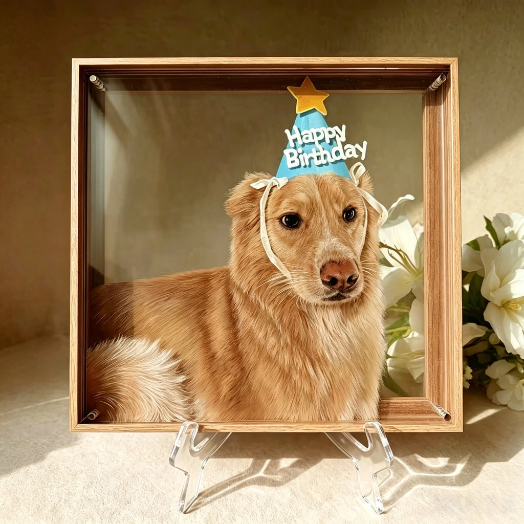 Custom 3D 6-Layer Pet Portrait Glass Frame Set, Realistic Fluffy Fur Dog & Cat Painting, Personalized Pet Memorial Gift, Metal Frame Animal Art Decor