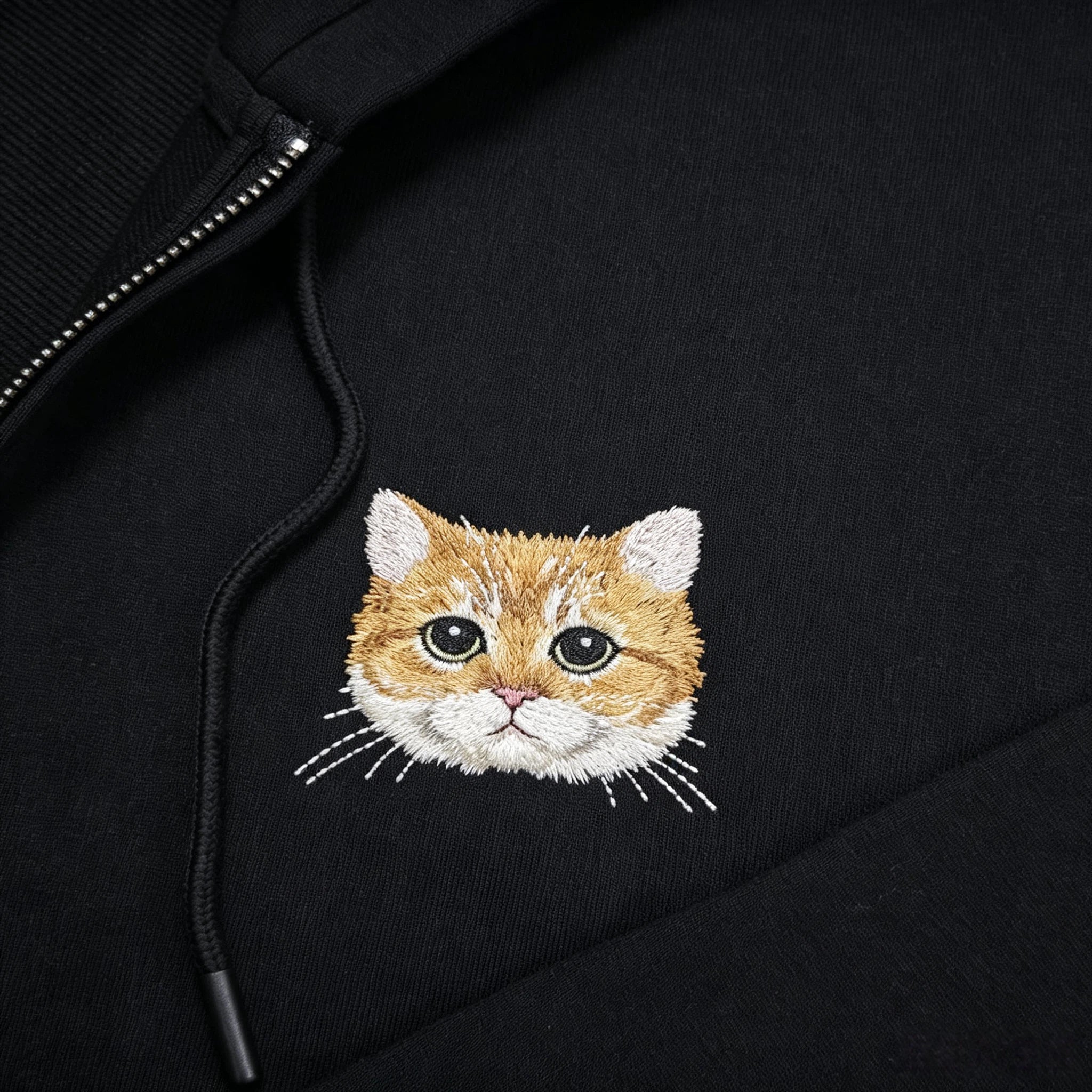 Zip-Up Hoodie: Hand-stitched pet portraits. Fully customized from your pet's real photos. The delicate stitching perfectly captures your furry friend's unique gaze, fur texture, and facial features—wear your cherished memories.