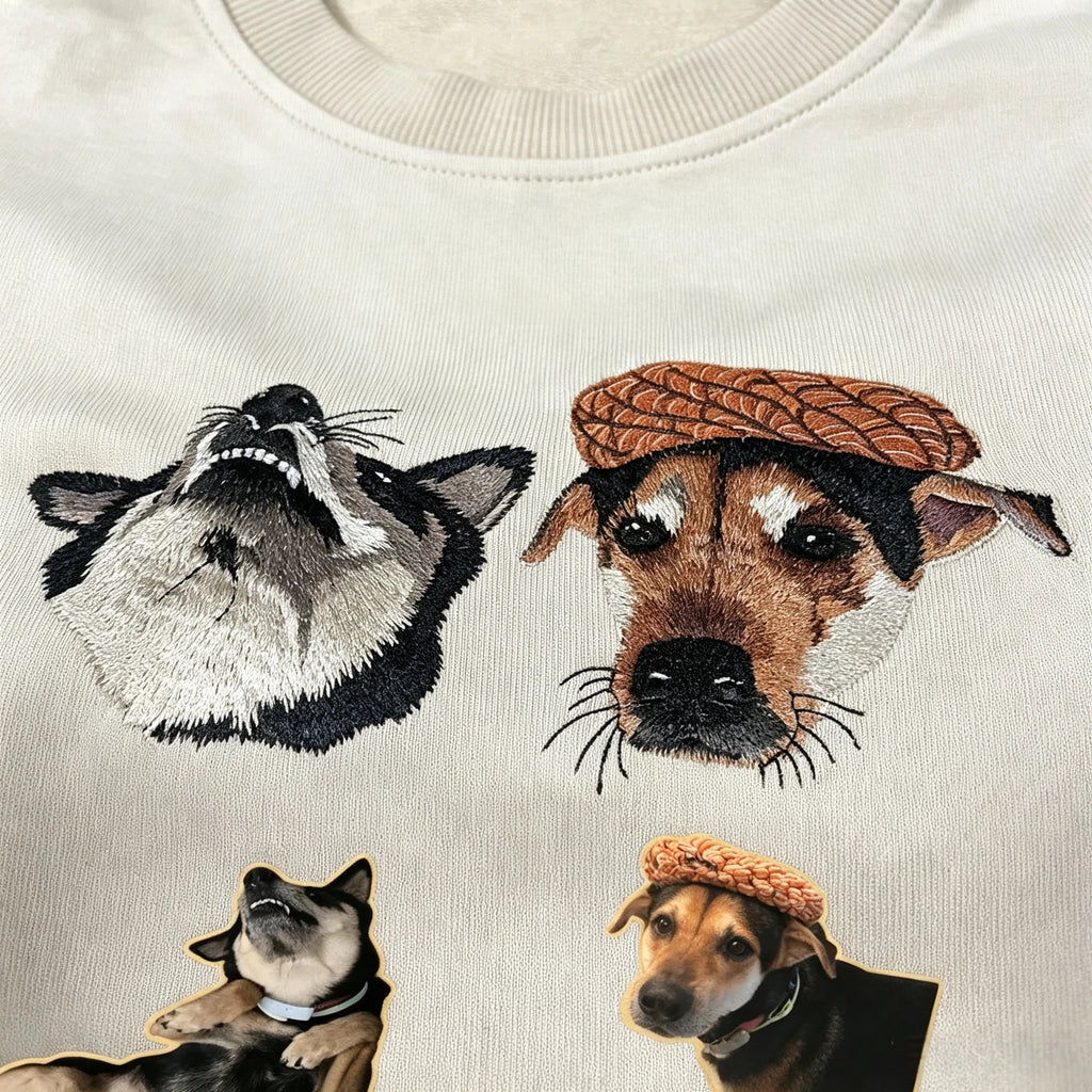 Classic Crewneck Sweatshirt: Custom Pet Portrait Embroidery, Personalized Cat/Dog Photo & Name, Casual Top for Pet Parents