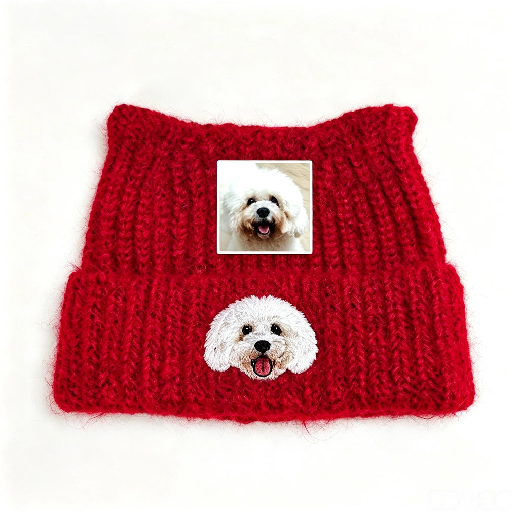 Cat Ear Knit Beanie: Create Your Custom Embroidered Hat, Fine Stitching Captures Your Furry Friend's Unique Eyes, Fur Texture & Facial Features.