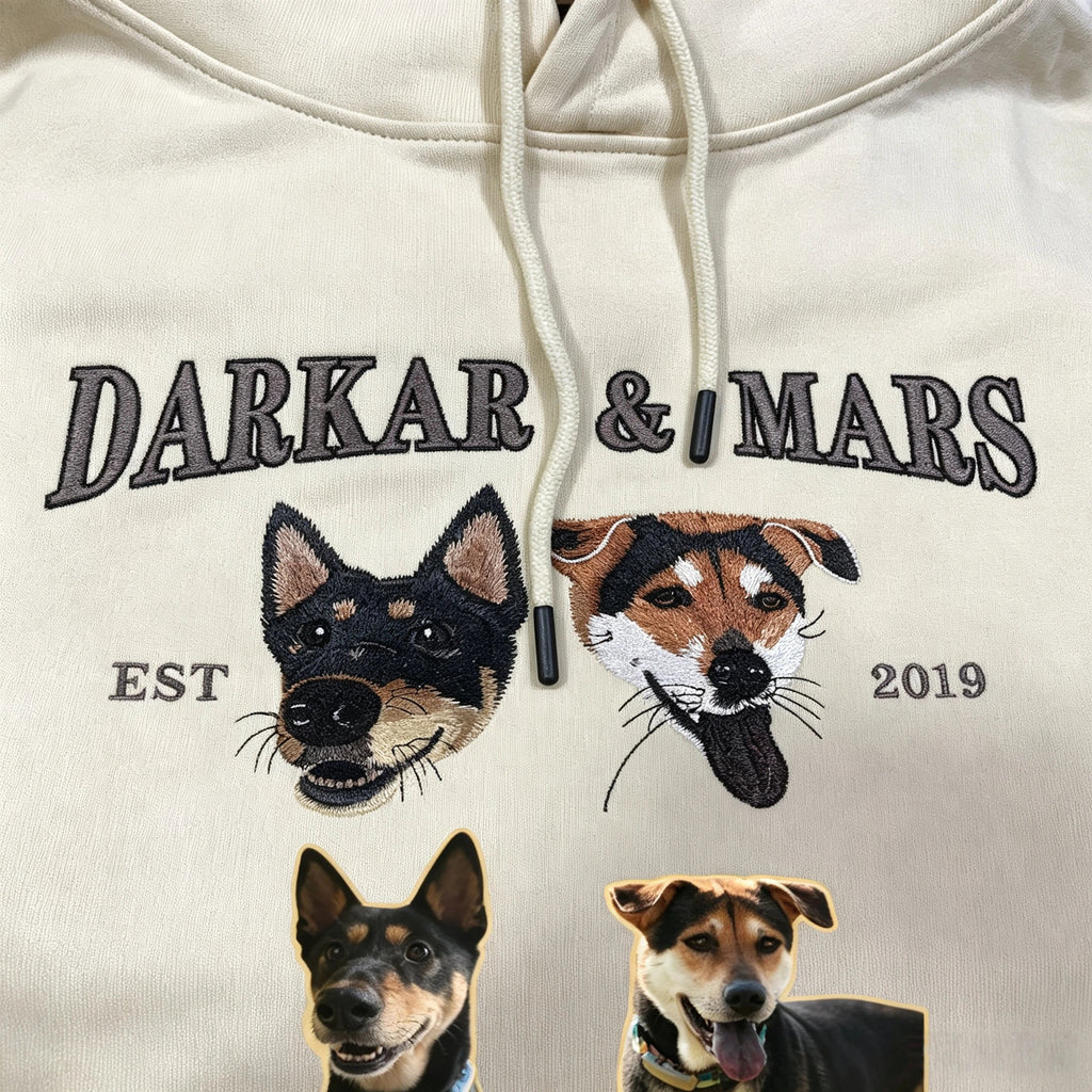 Classic Hoodie: A soft, warm cotton hoodie featuring a hand-stitched, custom pet embroidery made with love. It's the perfect gift for pet parents' birthdays or Christmas.