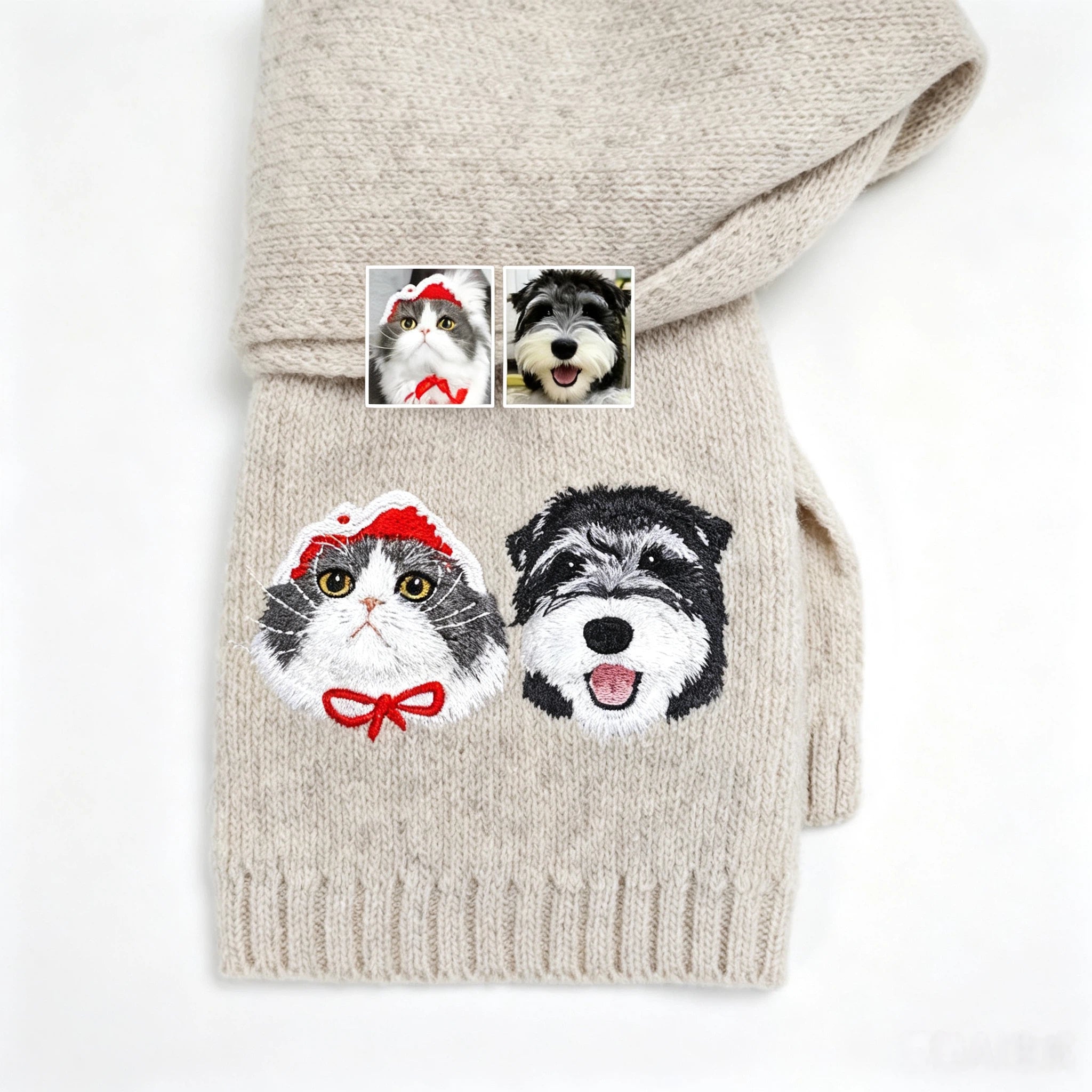 Custom Pet Portrait Embroidery Knitted Wool Scarf, Personalized Cat Dog Photo Custom Winter Scarf, Sentimental Pet Lover Memorial Gift