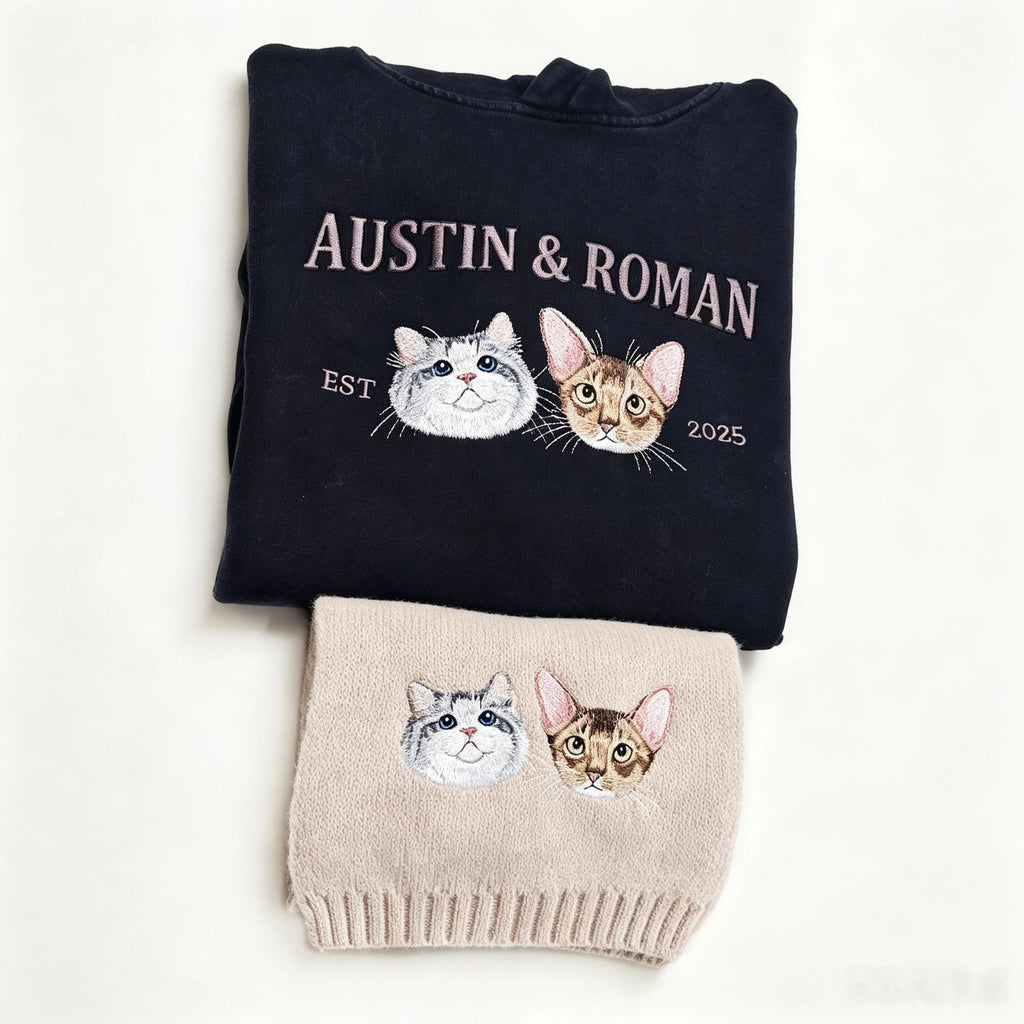 Custom Embroidered Cotton Fleece Hoodie: Hand-Stitched Pet Portrait Sweatshirt, Unique Personalized Gift for Dog & Cat Lovers