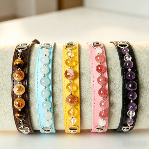 Macaron Color Healing Natural Crystal Pet Collar, Chakra Quartz Beaded Adjustable Leather Collar for Small Dogs Cats