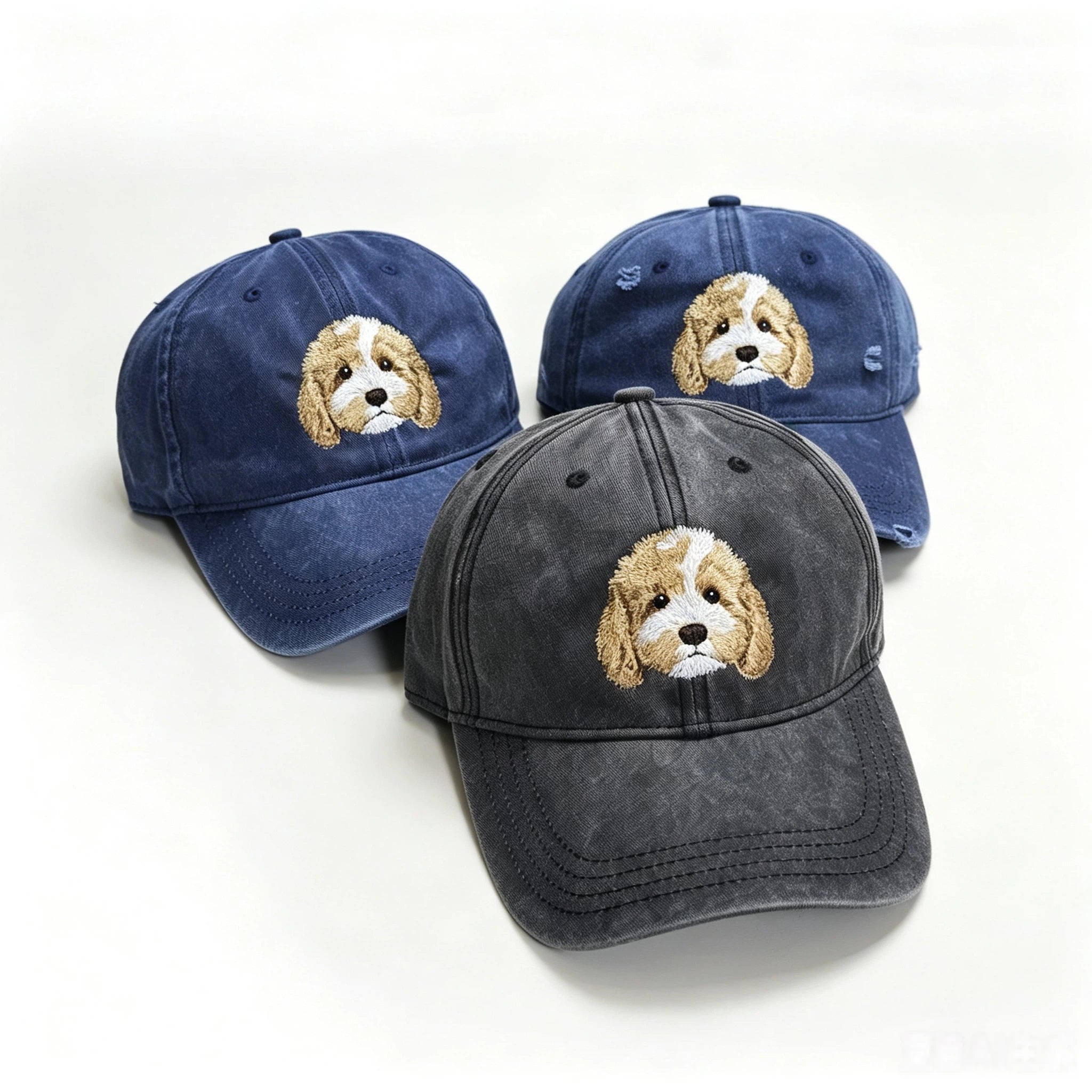 Washed Denim Baseball Cap: Minimalist Pet Embroidery Dad Hat, Hand-Stitched Pet Portrait, Take Your Furry Friend Everywhere!