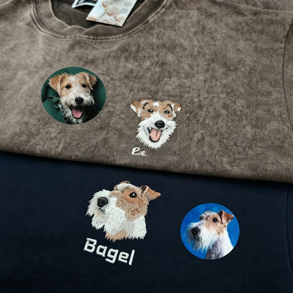 Washed Cotton Crewneck Sweatshirt: Personalized Pet Embroidery, Hand-Stitched Pet Portrait with Custom Name, Unisex Top