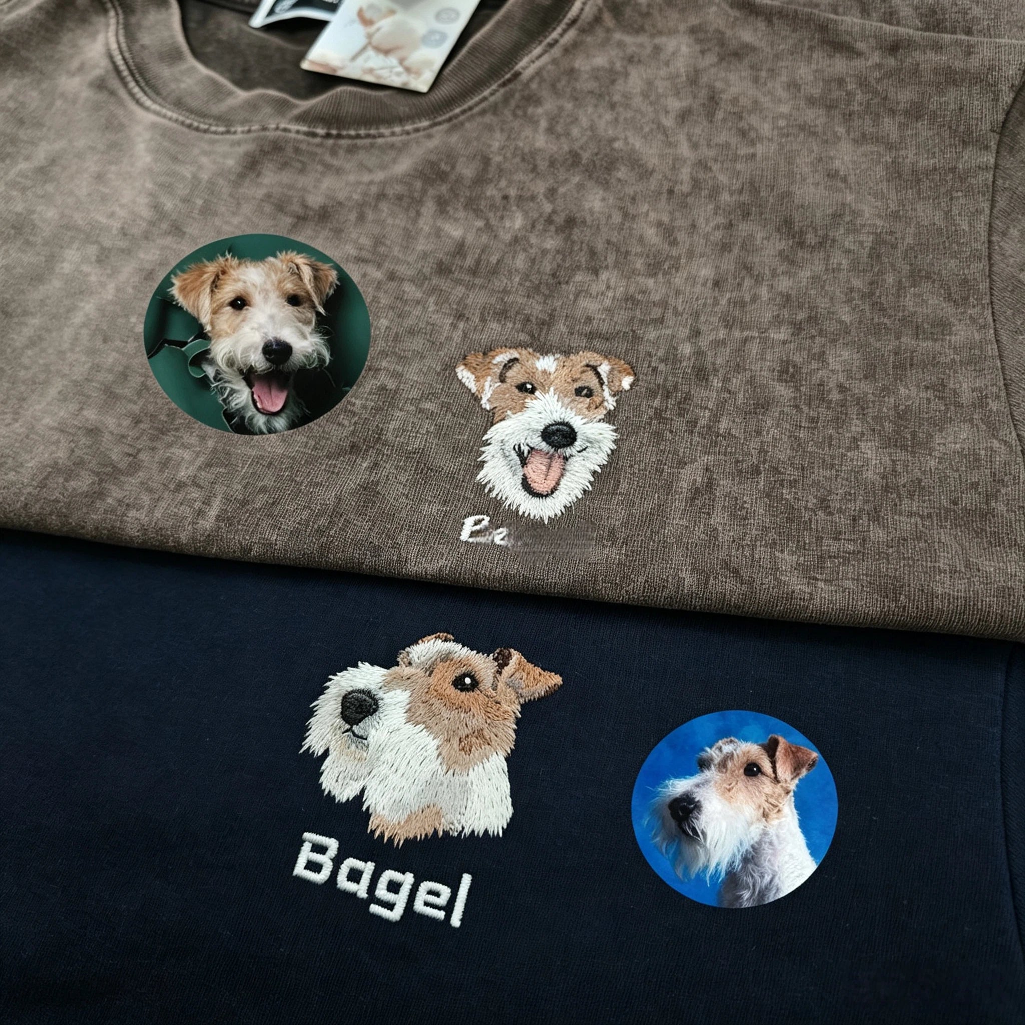 Washed Cotton Crewneck Sweatshirt: Personalized Pet Embroidery, Hand-Stitched Pet Portrait with Custom Name, Unisex Top