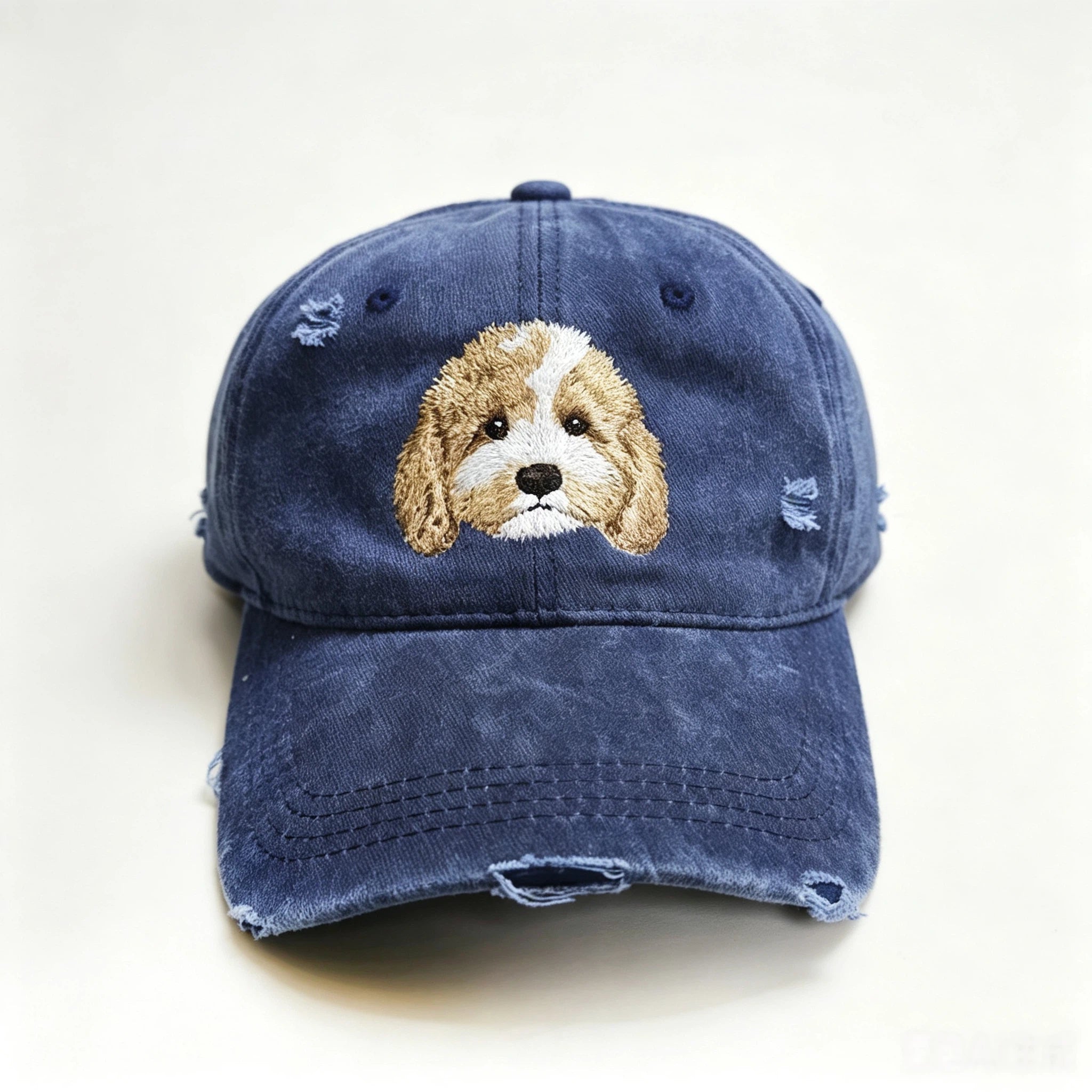 Distressed Ripped Baseball Cap: Hand-Sewn Pet Portrait, Soft Washed Cotton Unisex Dad Hat, Pet Memorial Everyday Cap
