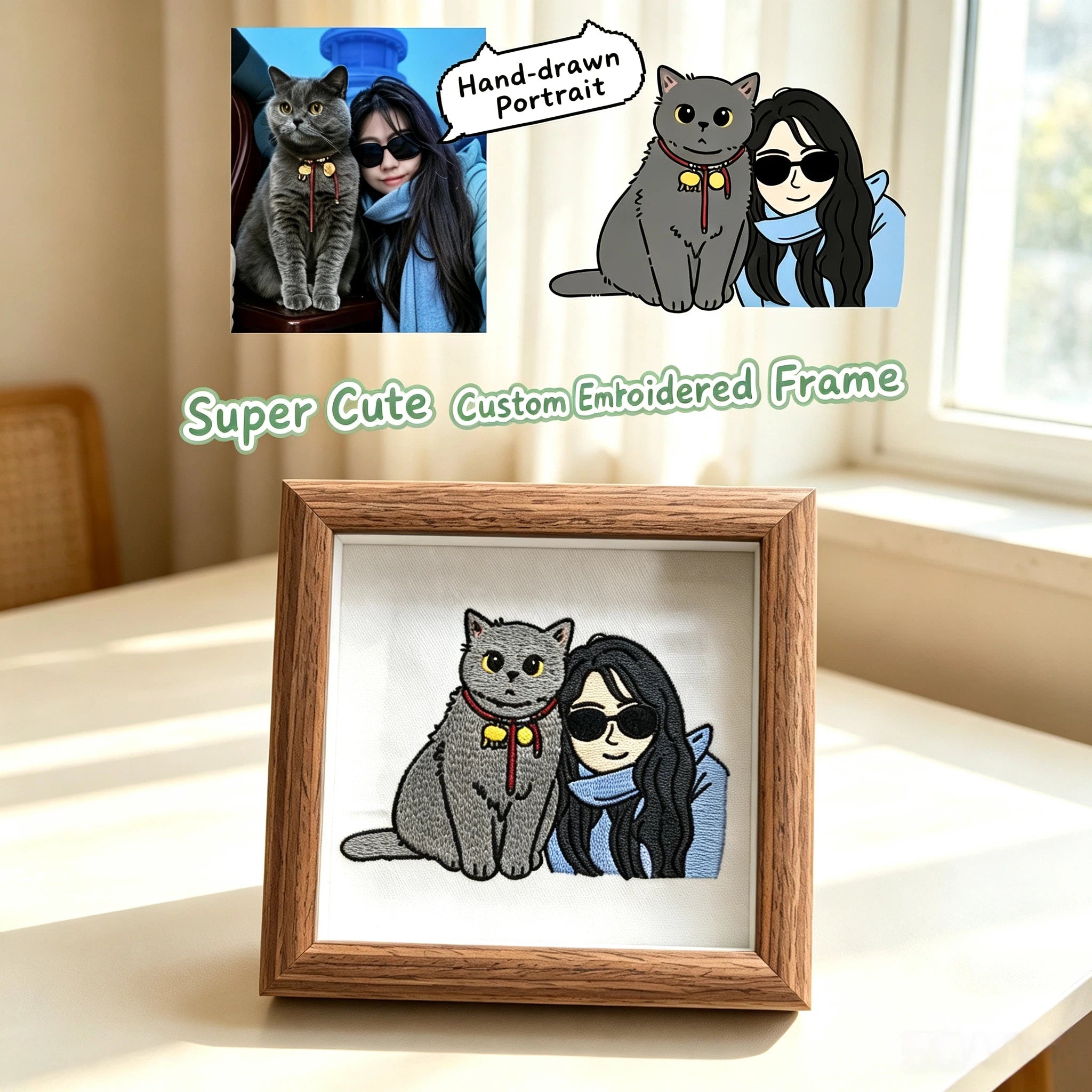 Personalized Hand Stitched Pet Embroidery Frame Custom Any Pet Portrait Walnut Wood Framed Sentimental Gift for All Pet Owners
