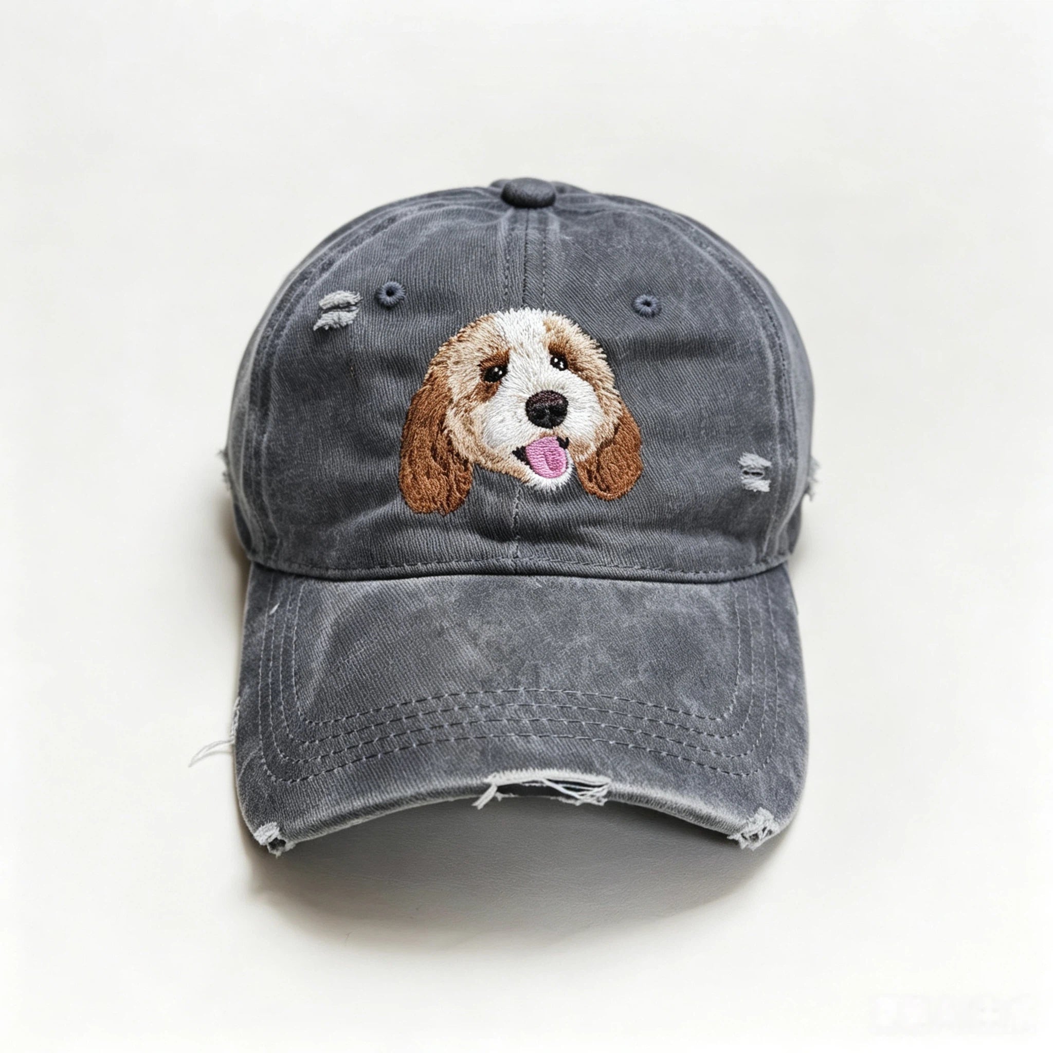 Distressed Ripped Baseball Cap: Hand-Sewn Pet Portrait, Soft Washed Cotton Unisex Dad Hat, Pet Memorial Everyday Cap