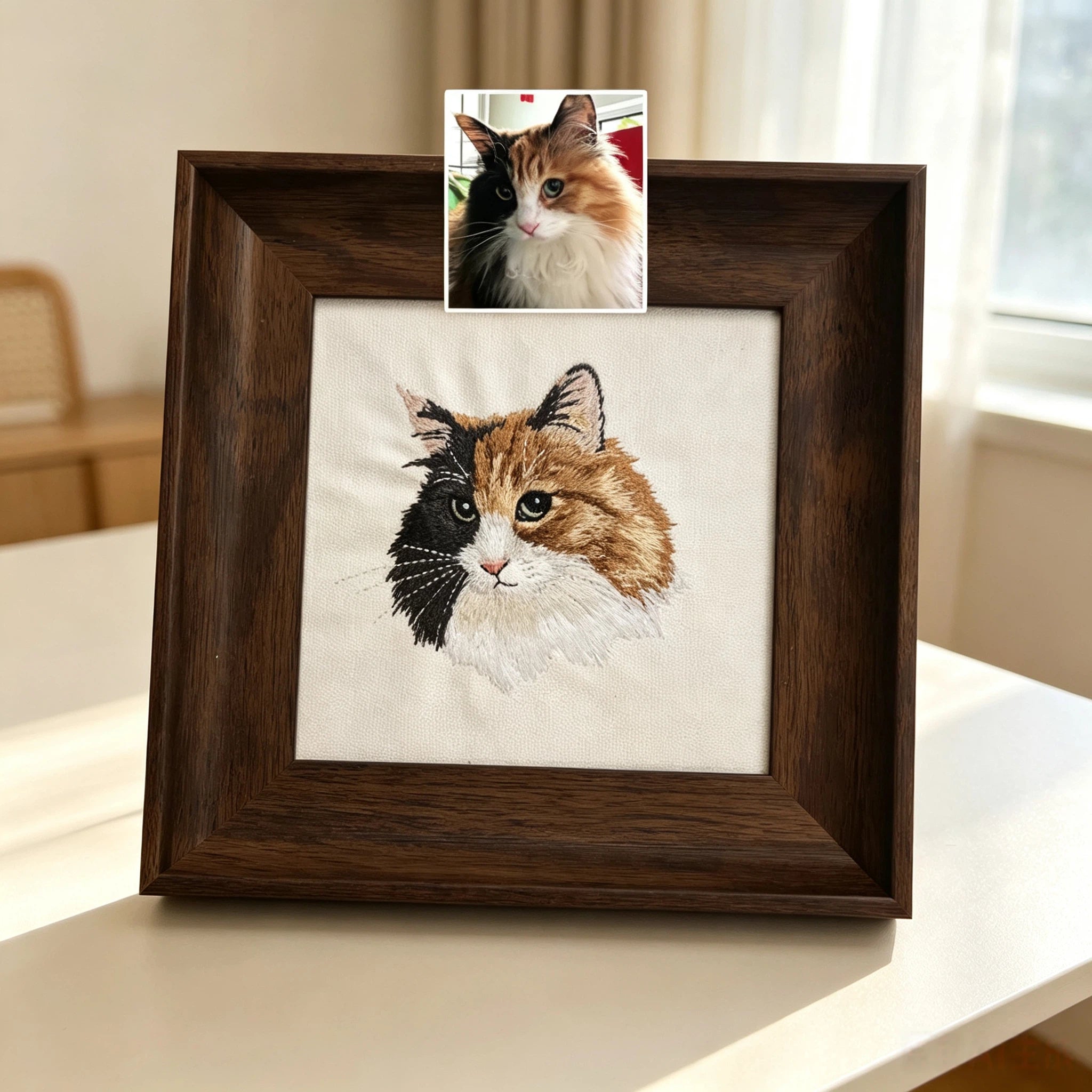 Personalized Hand Stitched Pet Embroidery Frame Custom Any Pet Portrait Walnut Wood Framed Sentimental Gift for All Pet Owners