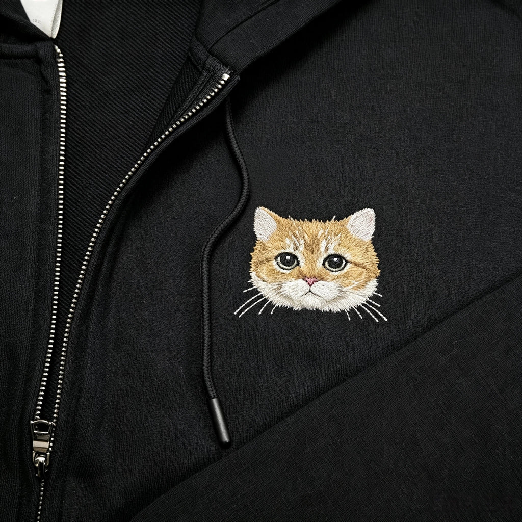 Zip-Up Hoodie: Hand-stitched pet portraits. Fully customized from your pet's real photos. The delicate stitching perfectly captures your furry friend's unique gaze, fur texture, and facial features—wear your cherished memories.