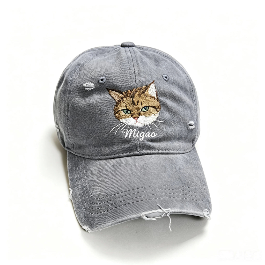 Distressed Ripped Baseball Cap: Hand-Sewn Pet Portrait, Soft Washed Cotton Unisex Dad Hat, Pet Memorial Everyday Cap