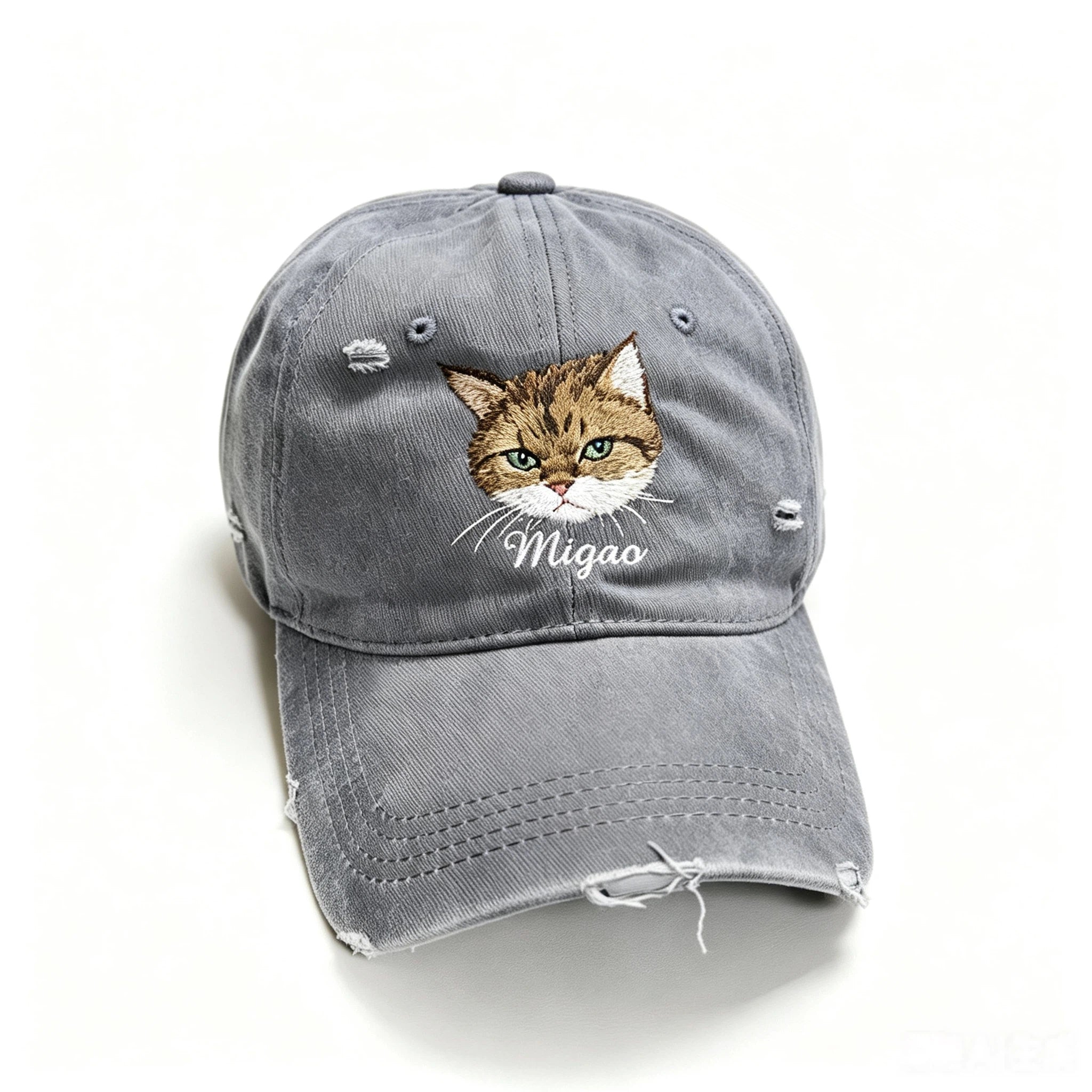 Distressed Ripped Baseball Cap: Hand-Sewn Pet Portrait, Soft Washed Cotton Unisex Dad Hat, Pet Memorial Everyday Cap