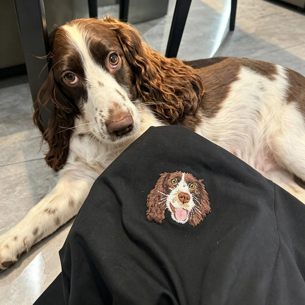Women's Fitted T-Shirt: Cute Little Dog Chest Embroidery. Custom Pet Photo Pure Cotton Tee – The Perfect Holiday Gift!