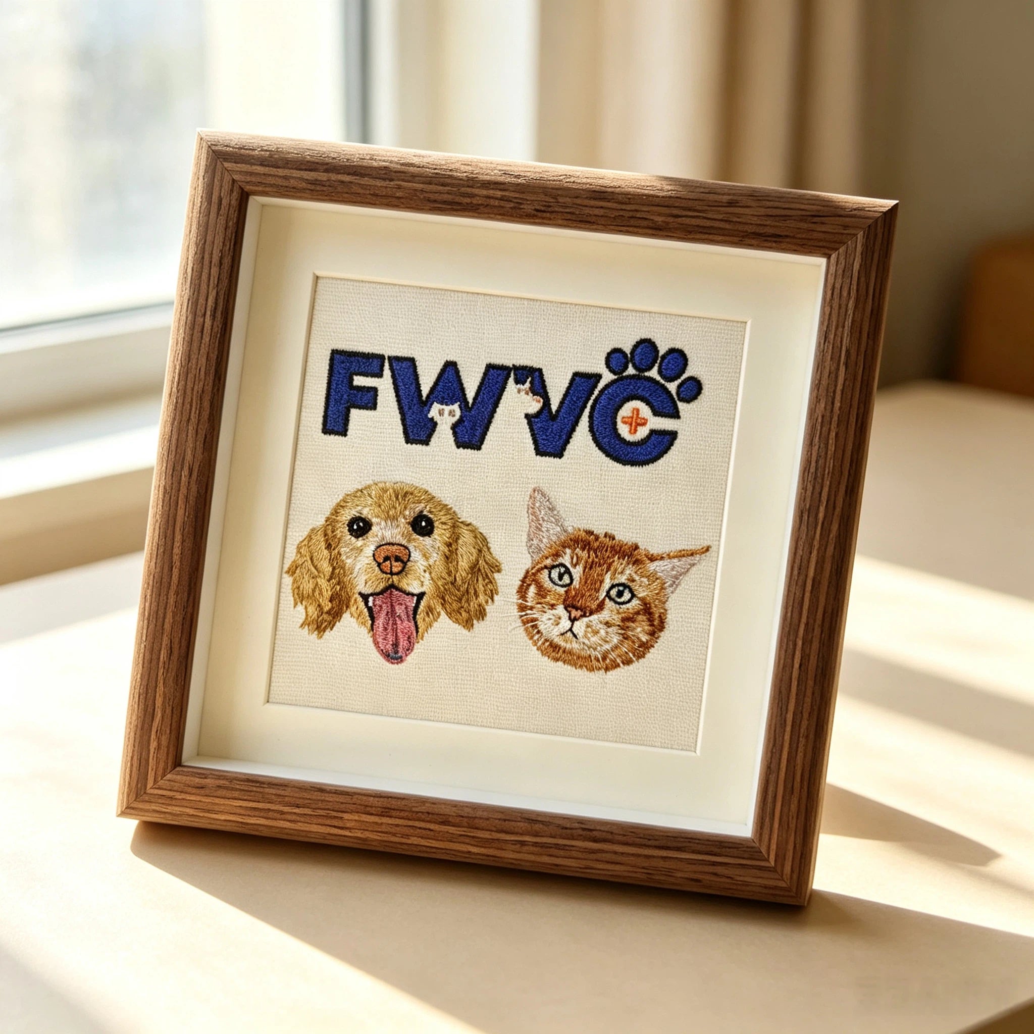 Personalized Hand Stitched Pet Embroidery Frame Custom Any Pet Portrait Walnut Wood Framed Sentimental Gift for All Pet Owners