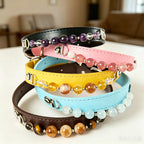 Macaron Color Healing Natural Crystal Pet Collar, Chakra Quartz Beaded Adjustable Leather Collar for Small Dogs Cats